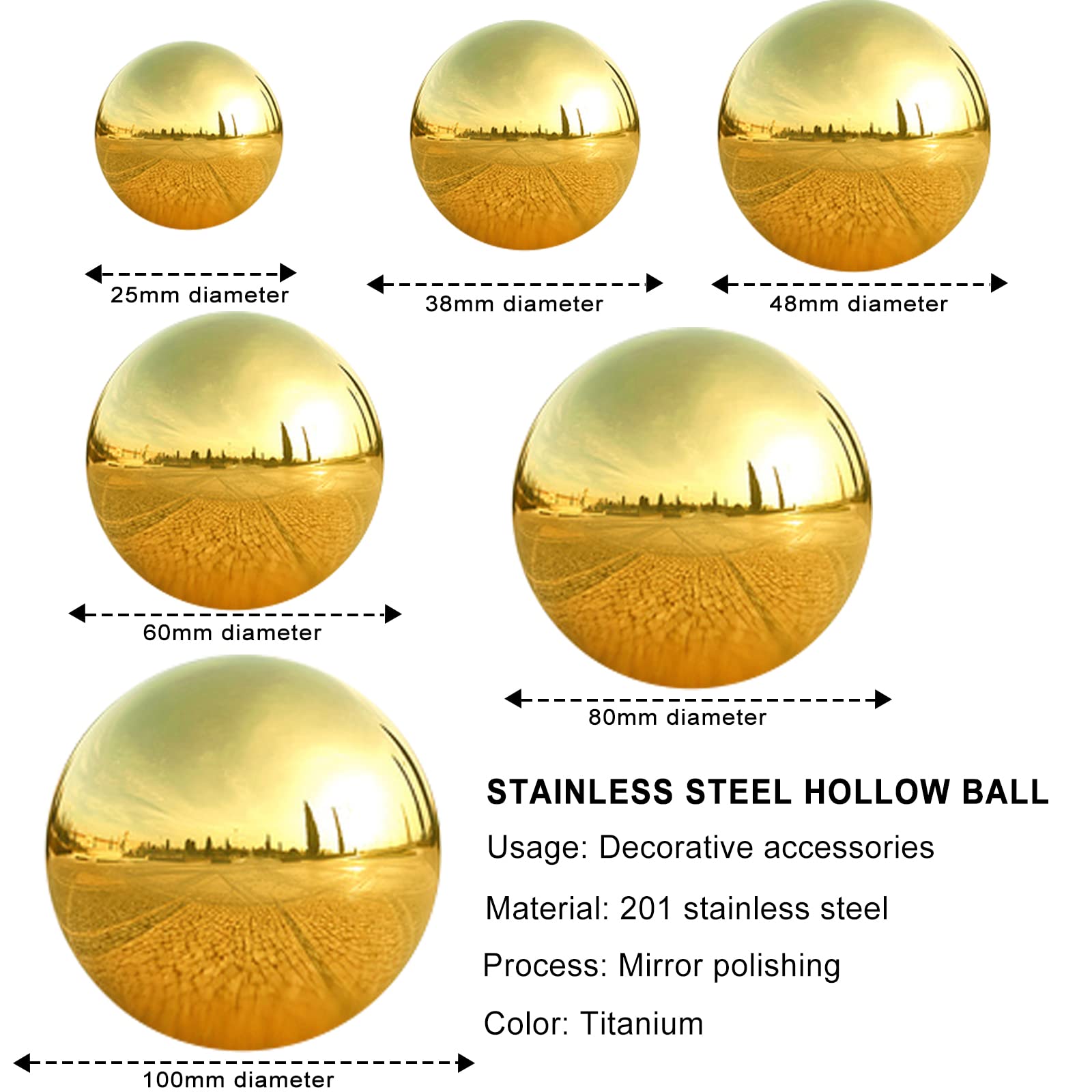 10 Pcs Palla da Giardino in Acciaio Inossidabile Riflettente Specchio Cavo Palla Rotonda 25-100 mm Luce Riflessa Oro Ornamento Per Feste,Giardini,Decorazioni per Negozi