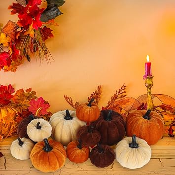 TSLBW 12 Pcs Halloween Artificial Pumpkins Large Simulation Velvet Pumpkin Set Halloween Lifelike Fake Foam Mini Pumpkins Home Autumn Fall Harvest Thanksgiving Table Party Decoration Gifts (C)
