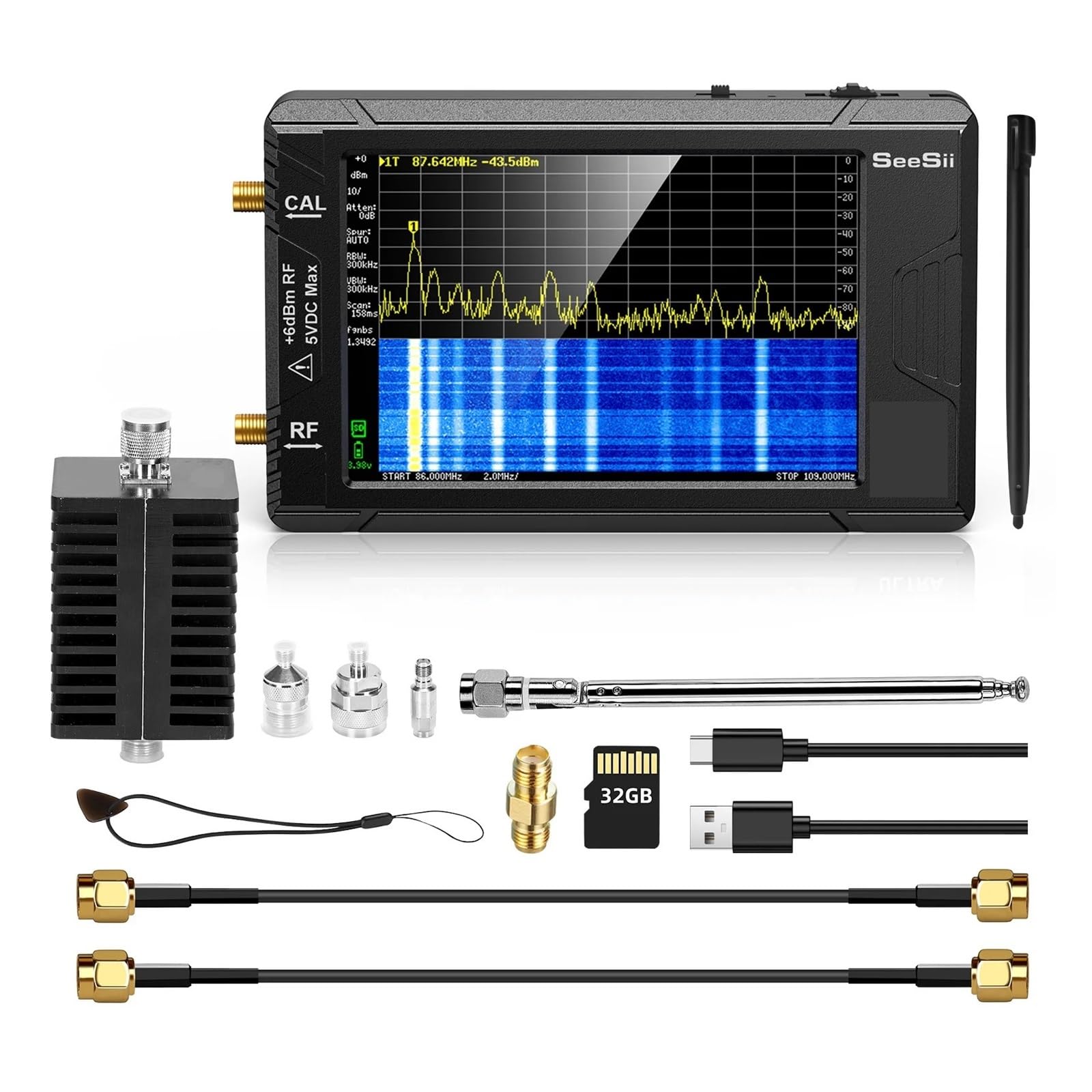 Analizador de espectro, Analizador de Espectro Ultra con Atenuador de 25W Pantalla TFT de 4" 100kHz a 5.3GHz con Tarjeta de 32GB Versión V0.4.5.1,Medición de precisión