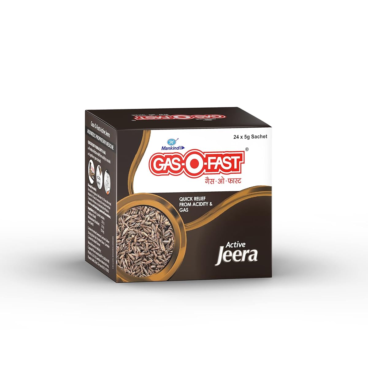 Mankind Gas-O-Fast For Relieving Acidity, Active Jeera- 5 g Sachet (Pack of 24)