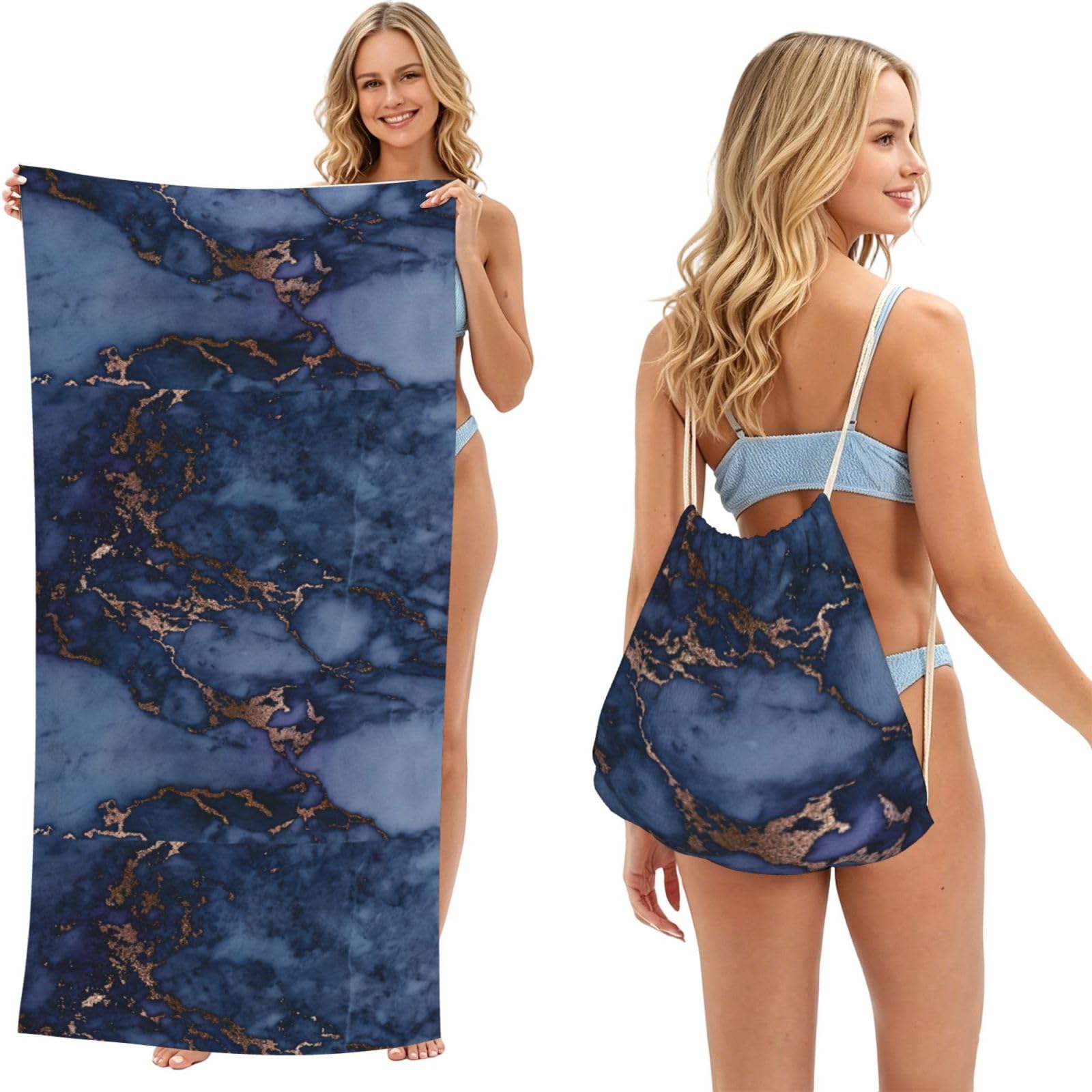 Poadnly As Picture Navy Blue & Faux Copper Marble Pattern, 2 In 1 Packable Towel Bag, Beach Towels With Drawstring Backpack For Travel Holiday Camping