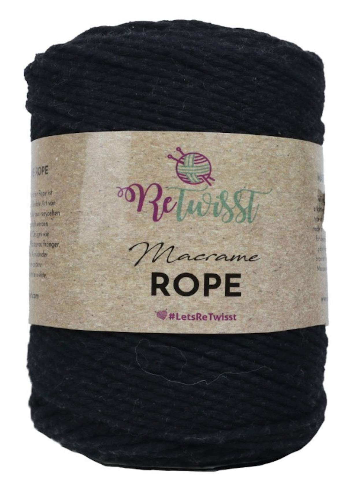 Retwisst Macrame Craft Rope 3mm Twisted Cord Thread Recycled Fibres 500g (R3R01 - Black), Black - R3r01