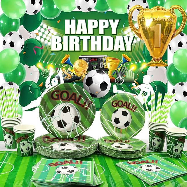 LSJDEER Football Party Supplies - Football Birthday Party Backdrop, Plates, Cups, Napkins, Tablecloth, Balloons, Straws, Soccer Birthday Party Decorations, Football Tableware Set for Boy - Serves 20
