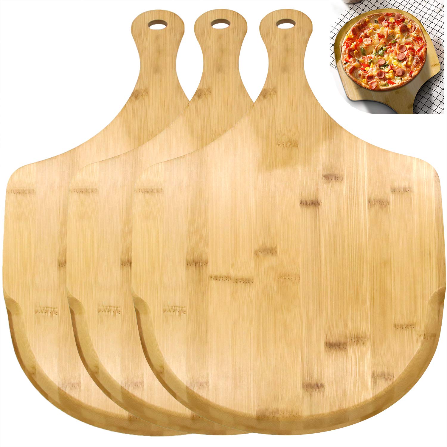 ZOENHOU 3 PCS 17 x 12 Inch Bamboo Pizza Peel, Pizza Board with Handle, Bamboo Cutting Board for Home
