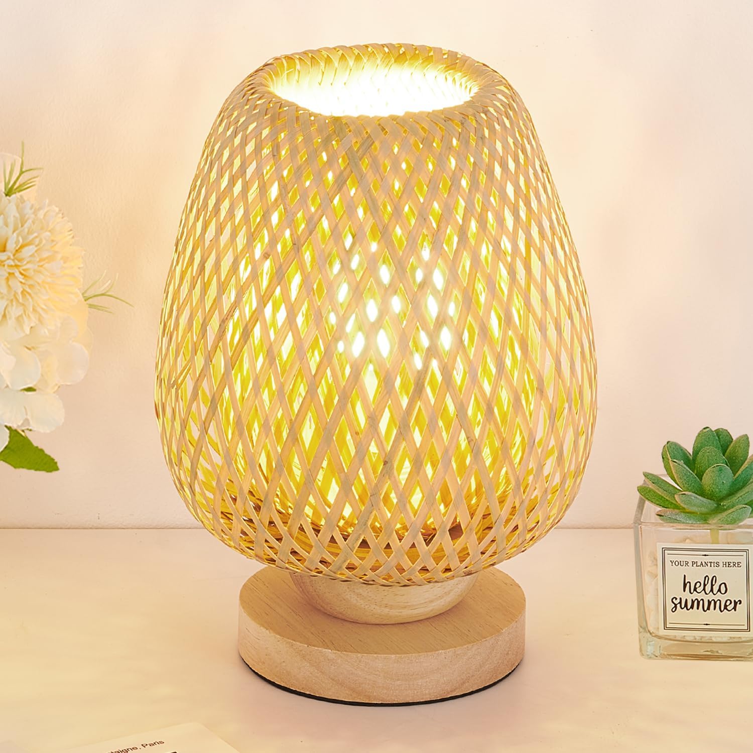 Woderdeng Boho Table Lamp for Bedroom,Dimmable Small Table Lamp,Bamboo ...