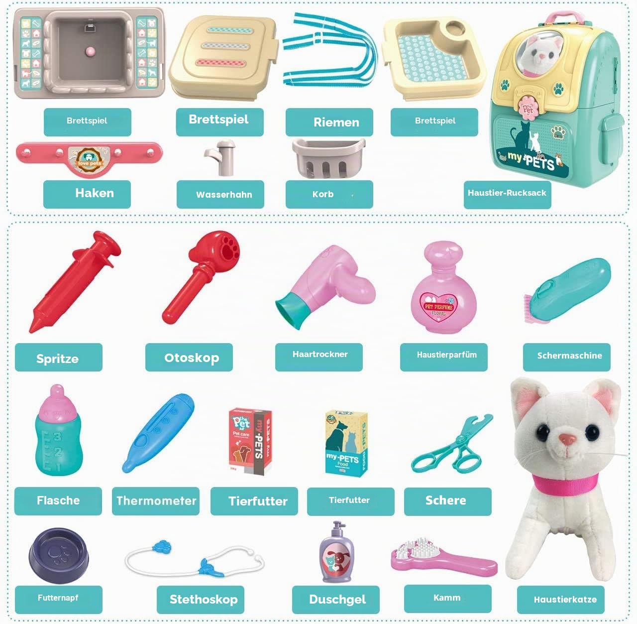 Gifts2U Tierarzt Spielzeug Arztkoffer Kinder mit Katze Plüschtier (miaut), Rucksack, Katzensalon, Füttern, Rollenspiel Spielzeug Geschenk für Jungen Mädchen 3 4 5 6 Jahre