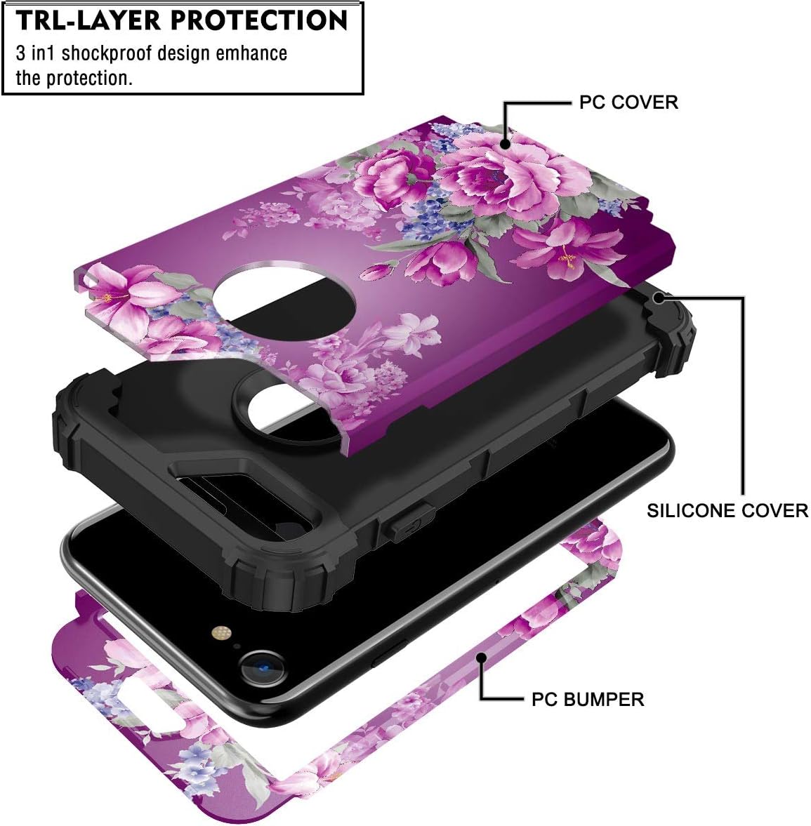 LONTECT Compatible iPhone 8 Case, iPhone 7 Case Floral 3 in 1 Heavy Duty Hybrid Sturdy High Impact Shockproof Protective Cover Case for Apple iPhone 8/iPhone 7 - Black/Purple Flower