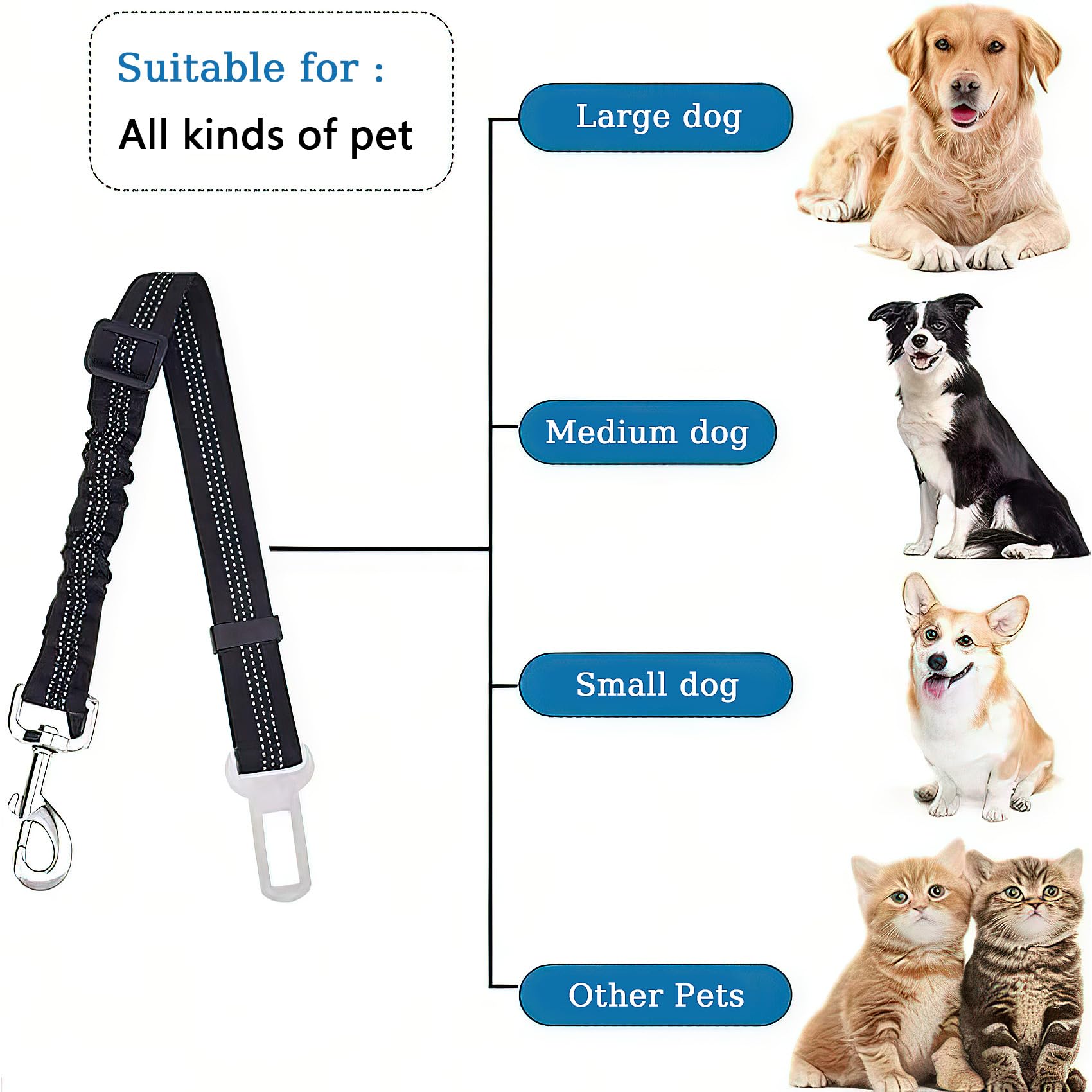 2pcs Ceinture de Sécurité pour Chien,Harnais Universel avec Mousqueton,Absorption des Chocs,Réglable,Noir,pour Tous Les Chiens et Chats