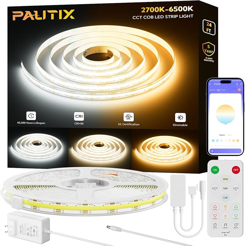 Lámparas LED de tira COB 2700K-6500K CCT sintonizables blancas 24ft UL-Listed Lámparas LED sin puntos Luz de cinta LED regulable súper brillante de 24V con control remoto APP/RF,debajo de los gabinetes Iluminación de la cocina del dormitorio