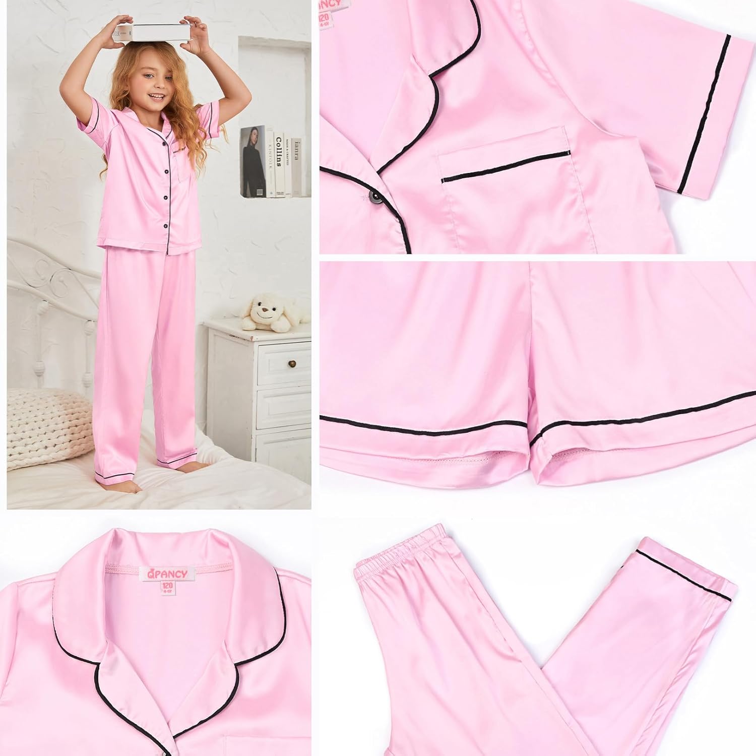 QPANCY Kids Satin Pajamas Sets Boys and Girls Silk Button Down 3 Pieces Pjs Silky Loungewear Clothes Set - Image 5