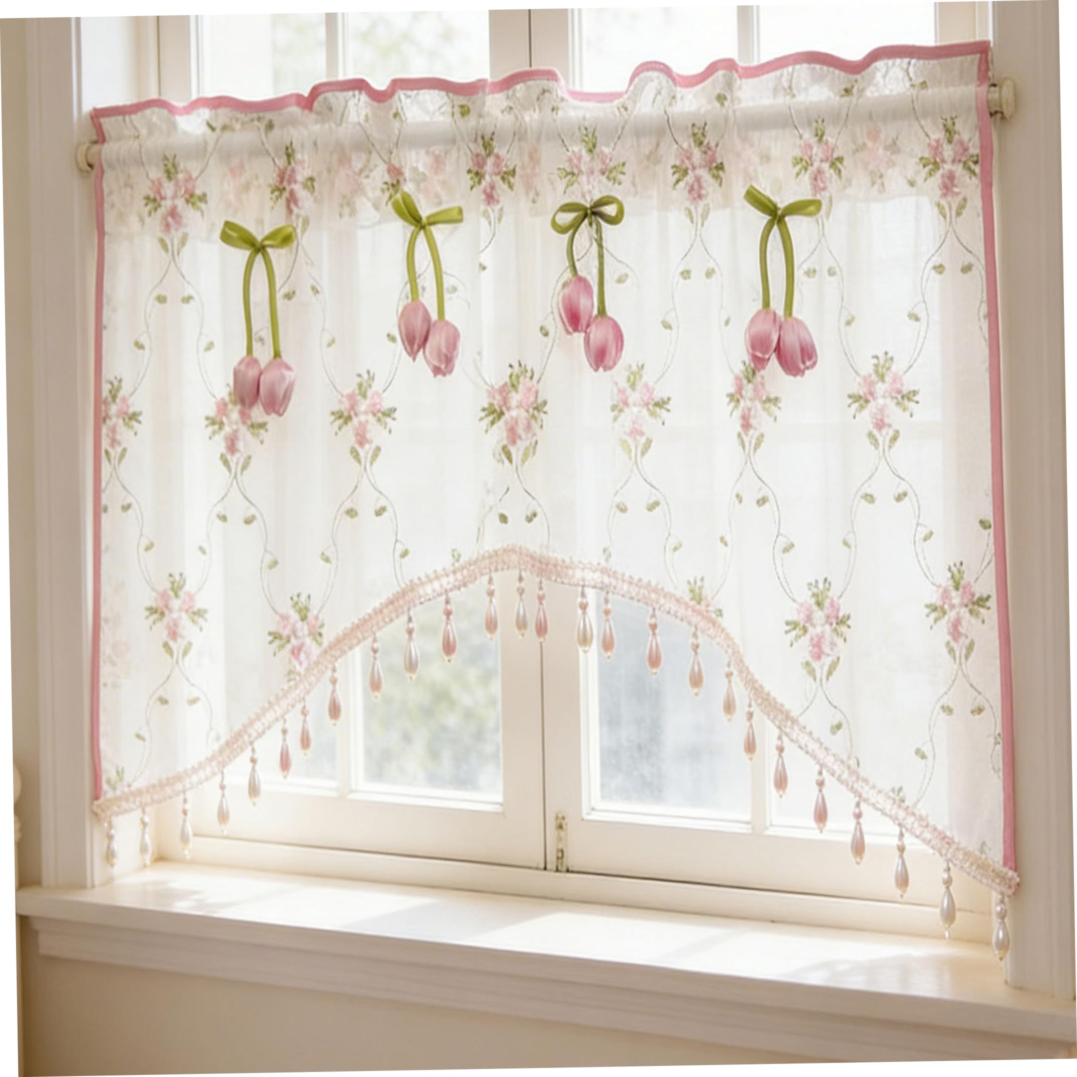 Faticenic Floral Kitchen Curtains, Aesthetic Sheer Valance Curtain with Decor & Beaded Fringe Light Filtering Kitchen Valance, 39 X 24 Inch, Summer Decor
