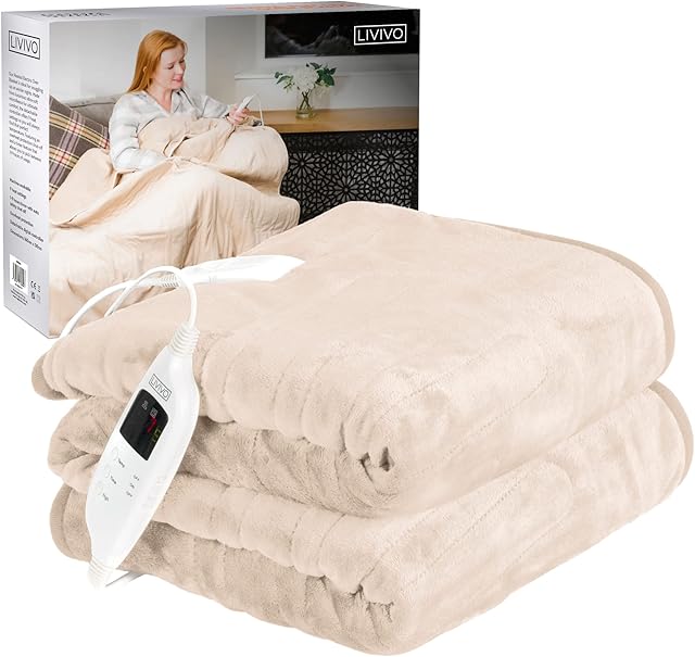 LIVIVO Heated Electric Over Blanket Soft Micro Fleece Throw with 10 Heat Settings and Timer Function 160x130cm - Easy to Use Detachable Digital Control - Machine Washable (Cream)