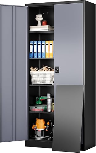 Miniatura 25 de SISESOL Armario de almacenamiento de metal blanco con 5 estantes ajustables, gabinete de metal de 71 pulgadas de alto con puertas con cerradura,