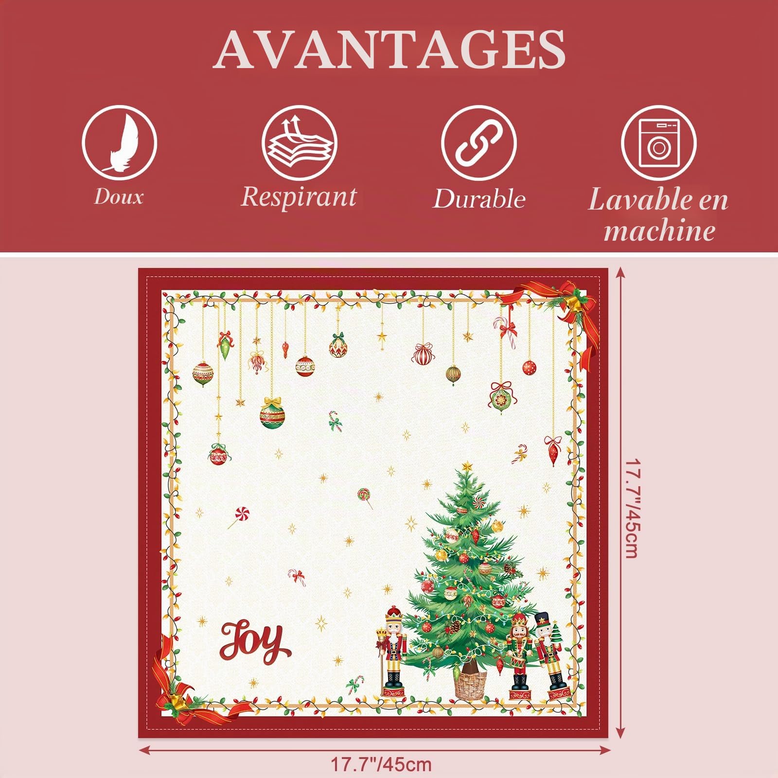 Noël Serviettes de Table Lot de 12, Serviettes en Tissu 100% Coton Sapin de Noël Rouge Doux et Confortable Réutilisables pour Le Famille Cuisine Décorations Cadeaux(45cm×45cm)