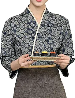 HMLOPX Chef Jacket 寿司シェフコート ユニセックス 7/4 スリーブ 日本のシェフプリント着物レストランユニフォーム、オールシーズン対応 (Color : Women, Size : L/Large)