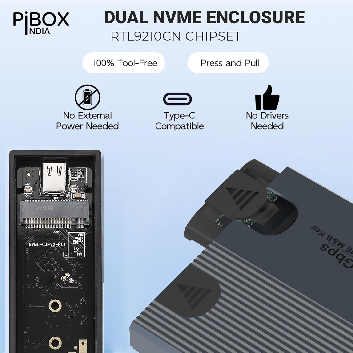 NVME M2 Enclosure Dual, PiBOX India NVMe SSD Enclosure - USB 3.2 10Gbps, Tool-Free M.2 NVMe Case, PCI-E Reader, USB-C, Supports M & B&M Keys, 2230/2242/2260/2280 SSDs, REALTEK RTL9210CN