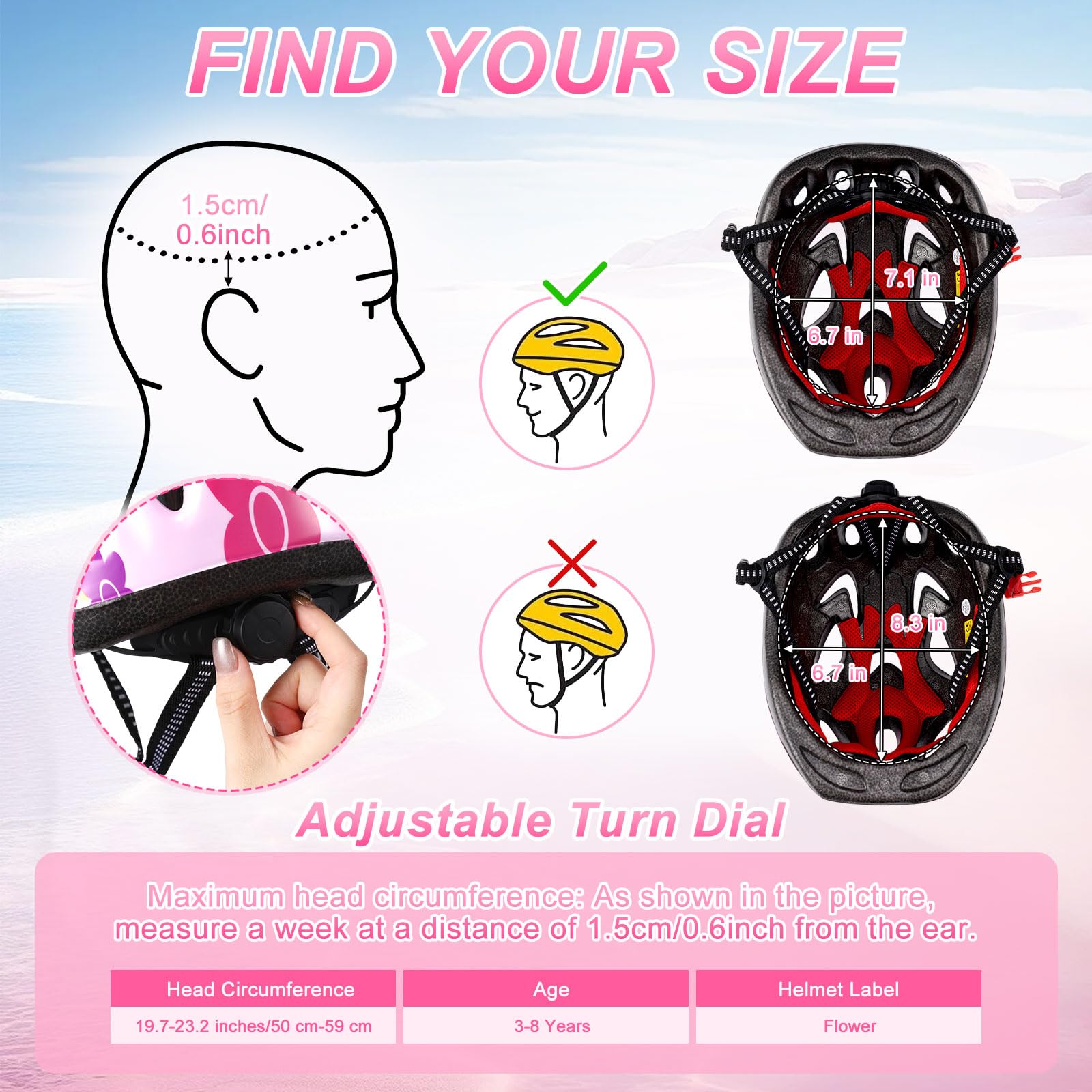 Relaxweex 7 Pcs Kids Helmet Adjustable for Kids Ages 3-8 Years Old Girls Boys Toddler Helmet with Protective Sports Gear Set Knee and Elbow Pads Wrist Guards Protect Set(Pink,Flower)