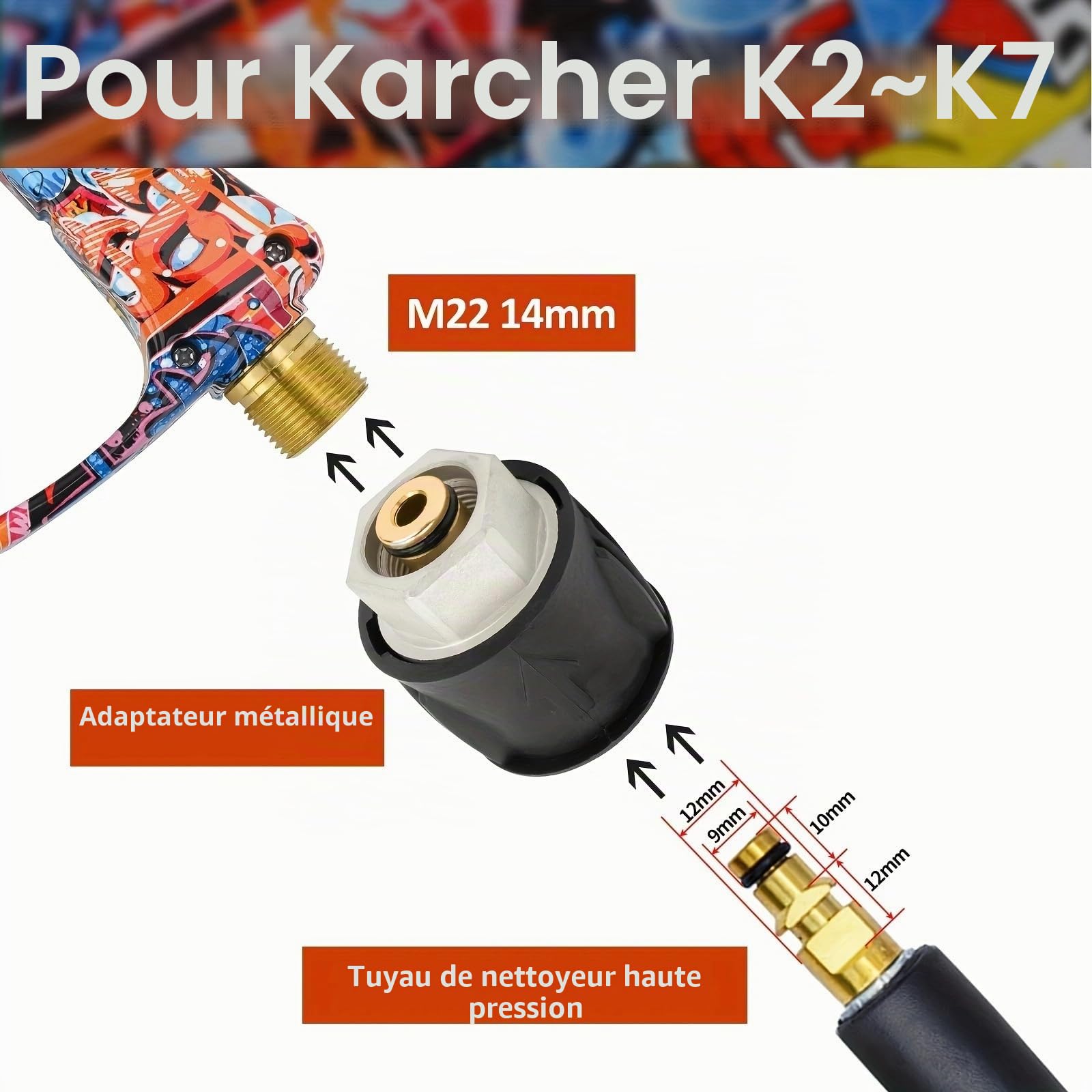 BEAR FORCE Pistolet pulvérisateur M22 ID14MM rapide 6,35 mm, 5 embouts, support buse, convertisseur, lavage voiture