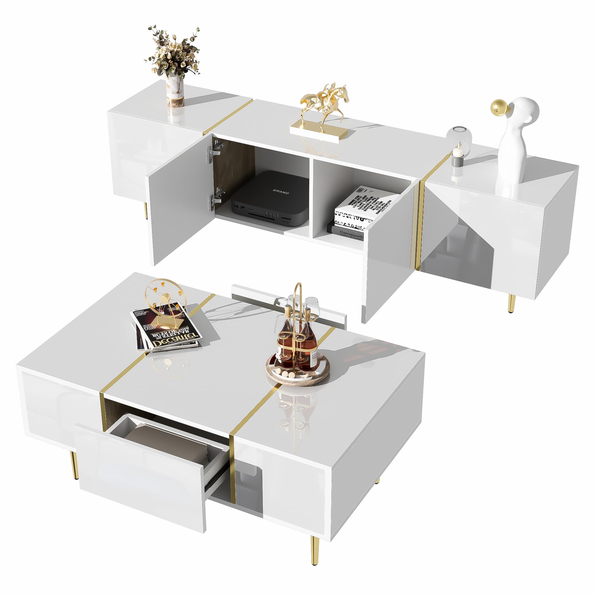 Generisch Moderner TV-Schrank mit Couchtisch Set in Hochglanz Weiß & Gold – 4 Türen, 2 Schubladen, Soft-Close, Staubsaugerroboterfreundlich, XL-Stauraum für Wohnzimmer