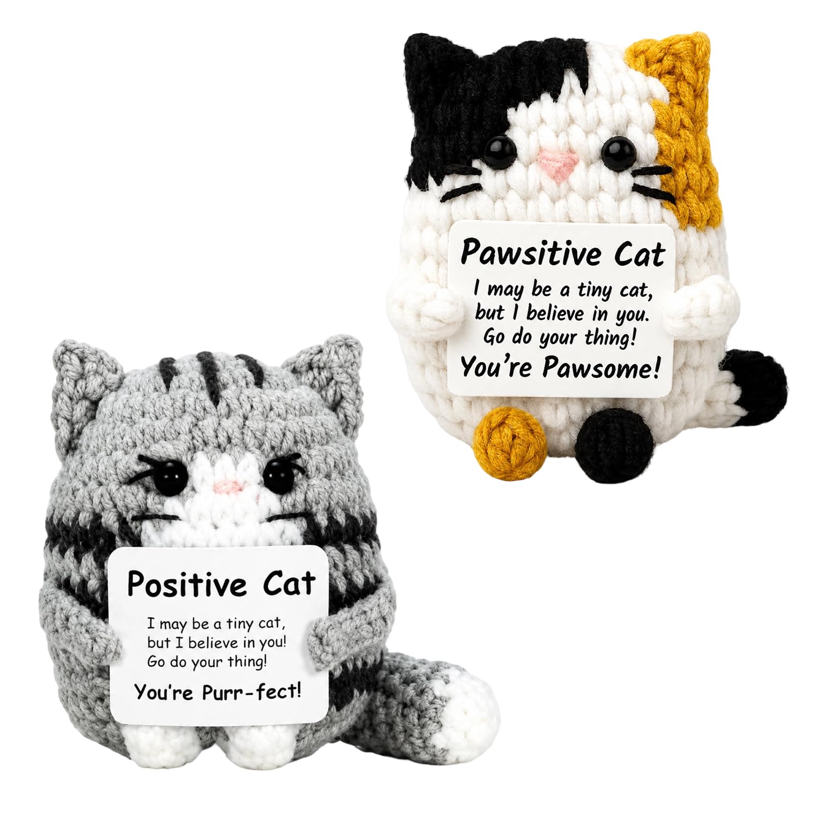 Wndgh 2 Pcs Positive Crochet Animals Gifts, Positive Cat, Positive Sloth/Capybara/Duck/Axolotl/Bee/Cow, Emotional Support Handmade Gift with Affirmation Cards, Funny Inspirational for Women Keepsake