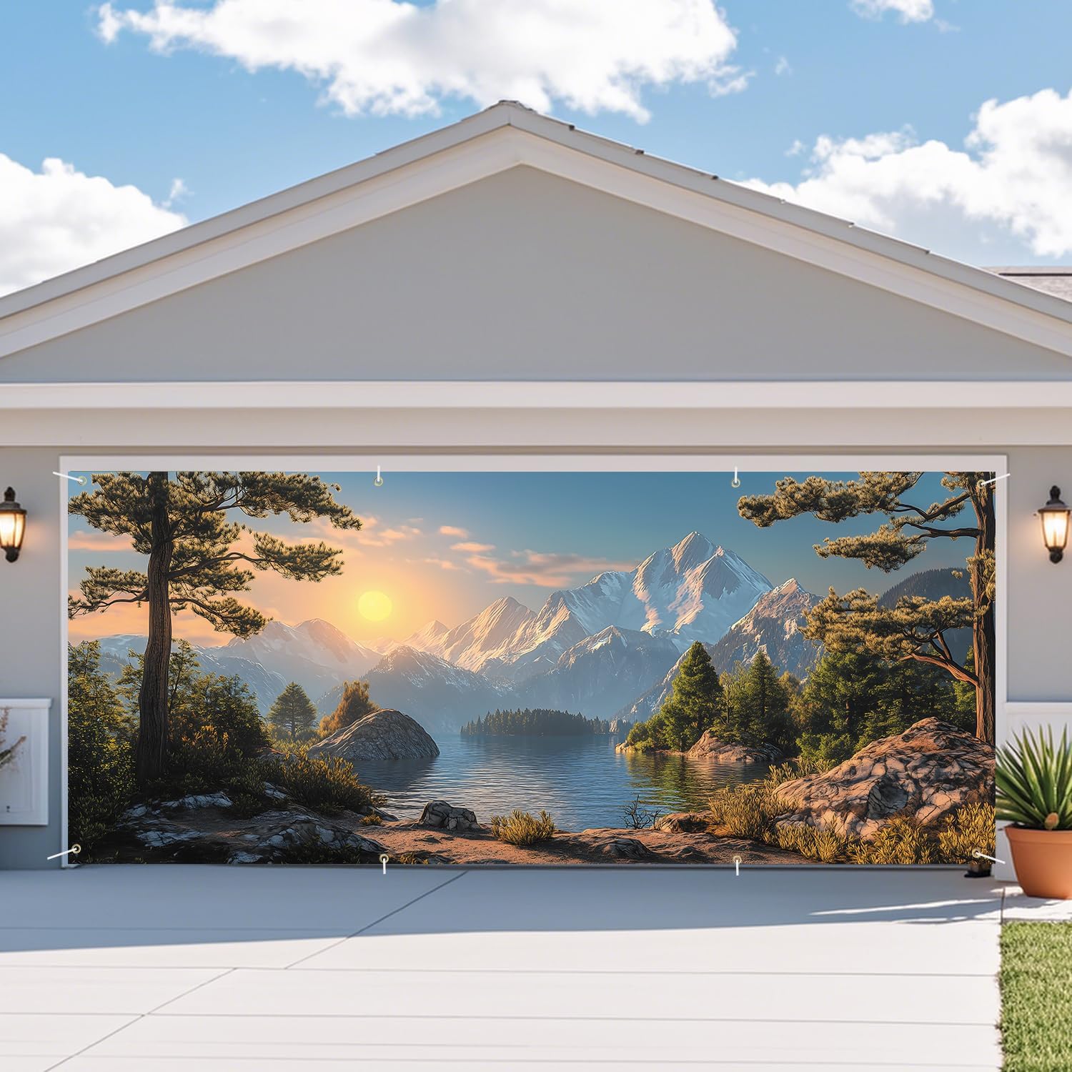 ANNA QUEEN Mountain Lake Sunset Garage Door Banner 6 x 13FT, Scenic Lake, Forest, and Snowy Mountains Sunset, Nature Landscape Backdrop for Yard, Parties, Holiday Home Decor