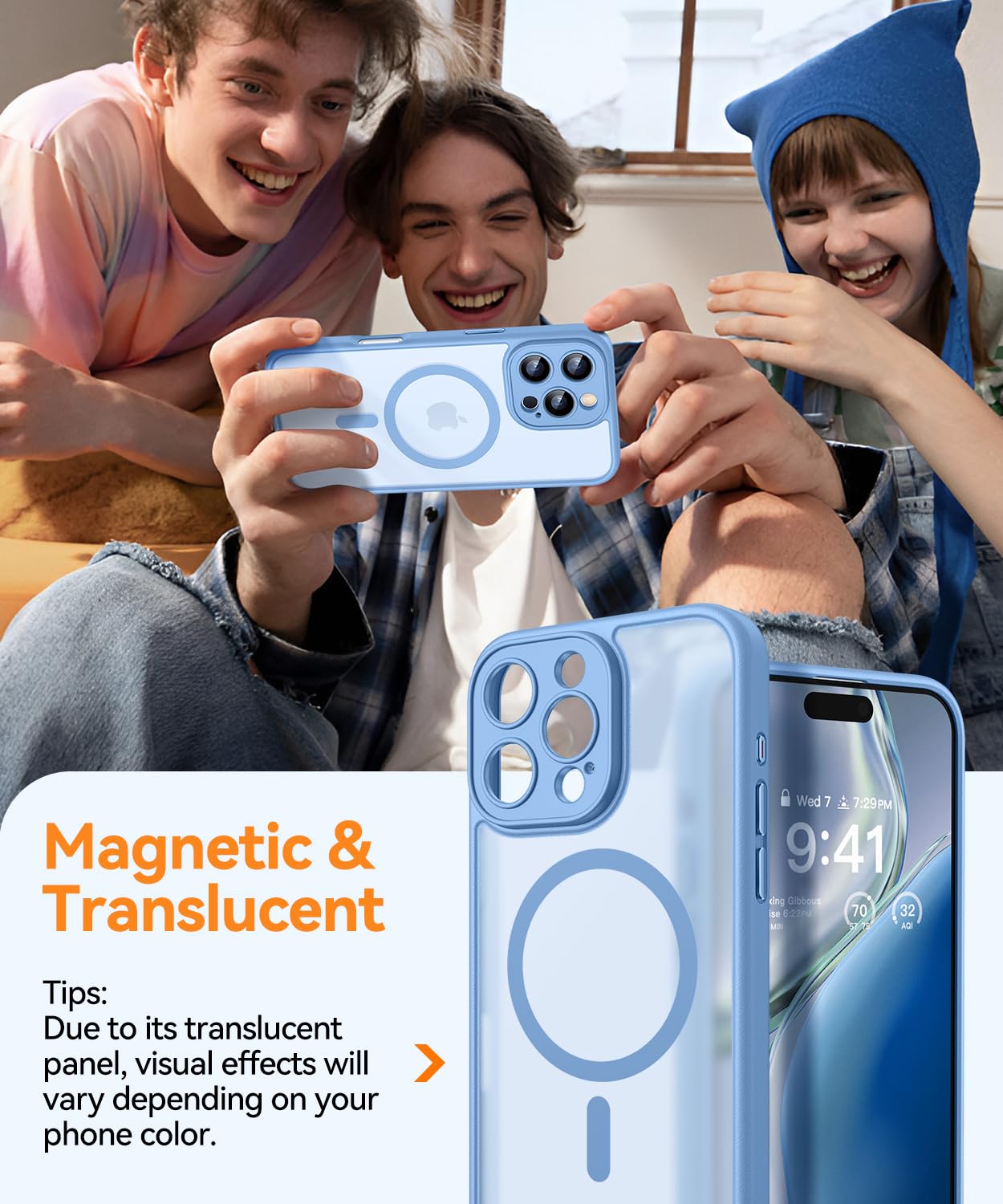 CANSHN Cover Magnetica per iPhone 16 Pro(6,3 Pollici), Compatibile con MagSafe, [Protezione Completa Della Fotocamera], Custodia Traslucida Opaca Protettiva Sottile Antiurto, Azzurro