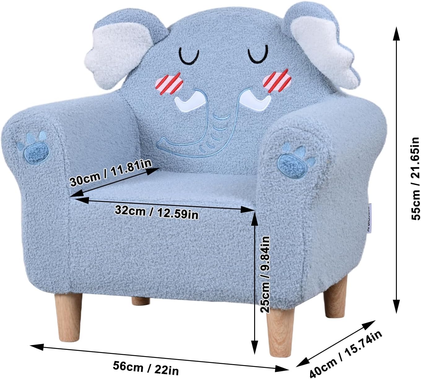 AFBKSS&BB Kid's Sofa with Embroidered Animal Motifs and Legs,Toddler Armchair with Wooden Base,Single Children's Chair for Boys and Girls. (Blue)