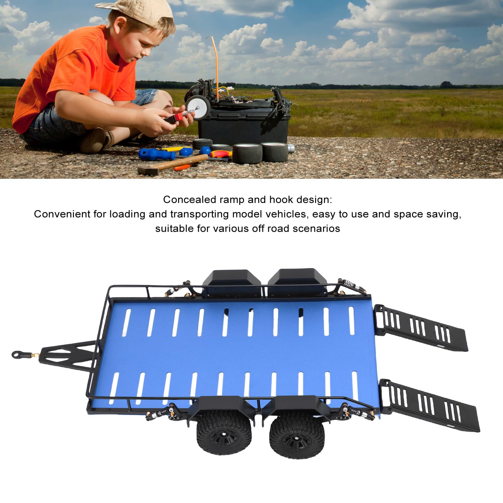 Acouto /18 Przyczepa RC 4 Koła Wysoka Symulacja RC Metalowa Przyczepa z platformą Samochód Zdalnie Sterowany z Hakiem Czerwona Jest Solidna Ex Trailer Zestaw z platformą do Przyczepy Zdalnie (BLUE)