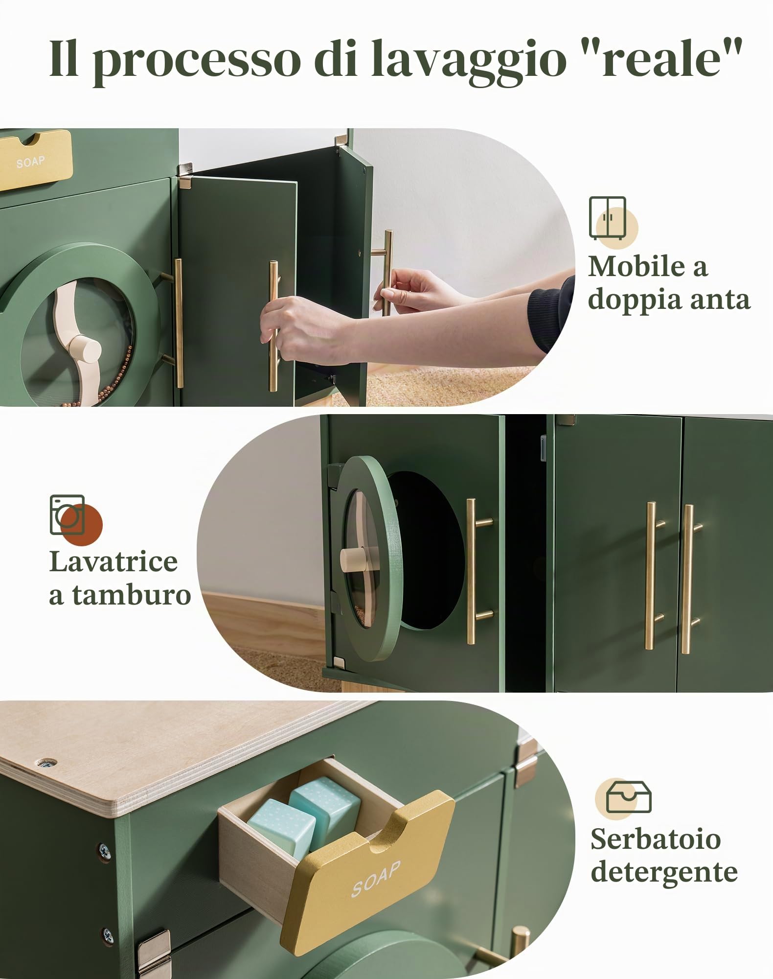ROBUD Lavatrice Cucina Giocattolo Set, Accessori Cucina Giocattolo in Legno Gioco Lavatrice con Suono/Ferro, Giocattoli Realistici Legno Cucina per Bambini 3-8 Anni