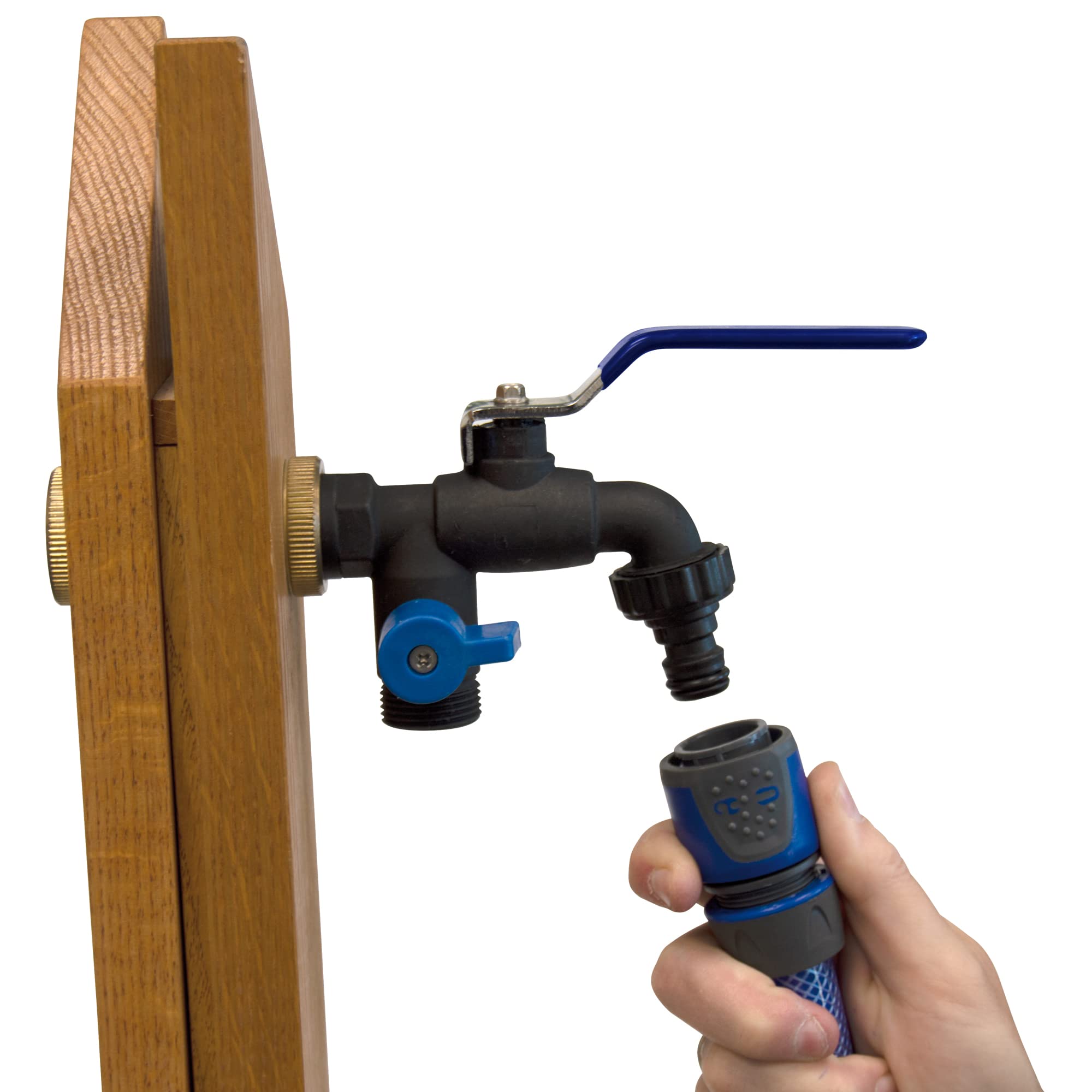 S&M 180040 Rubinetto da giardino antighiaccio con due uscite e presa automatica, nero e blu