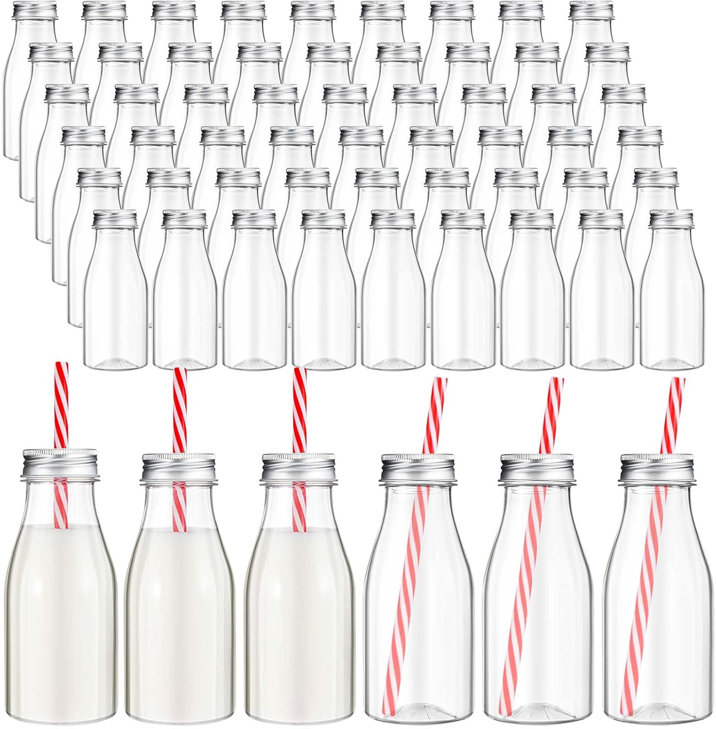 Yinkin 20 Sets Plastic Milk Bottles with Straws Lids Clear Plastic Containers for Dairy Milk Party Bottle for Juices Shakes Smoothies (8 oz,Red,White)