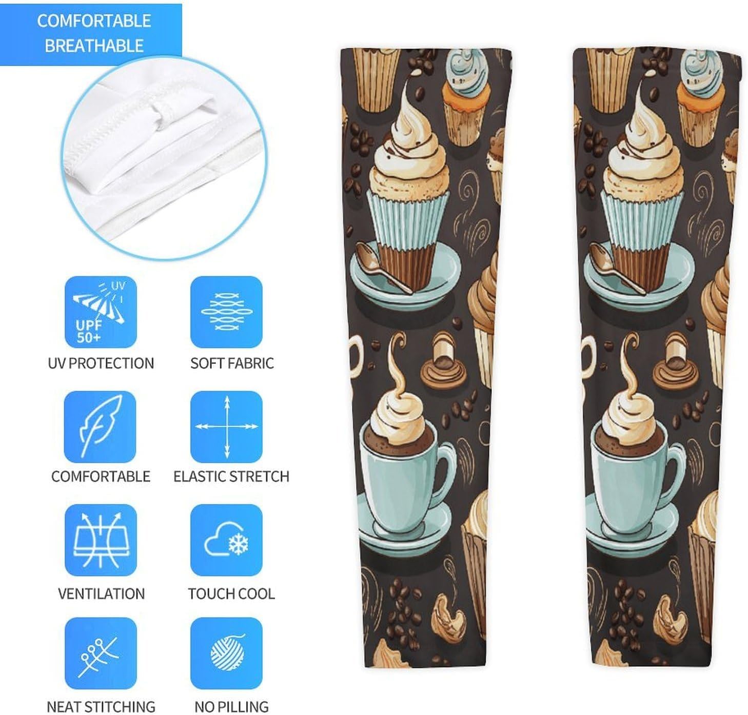 Sun Protection Arm Sleeves Cooling Compression Arm Covers 1 Pair | Coffee And Sweets Sugar Chocolate Sports Compression Sleeves Cooling Arm Sleeves for Cycling Golf Fishing Driving Hiking