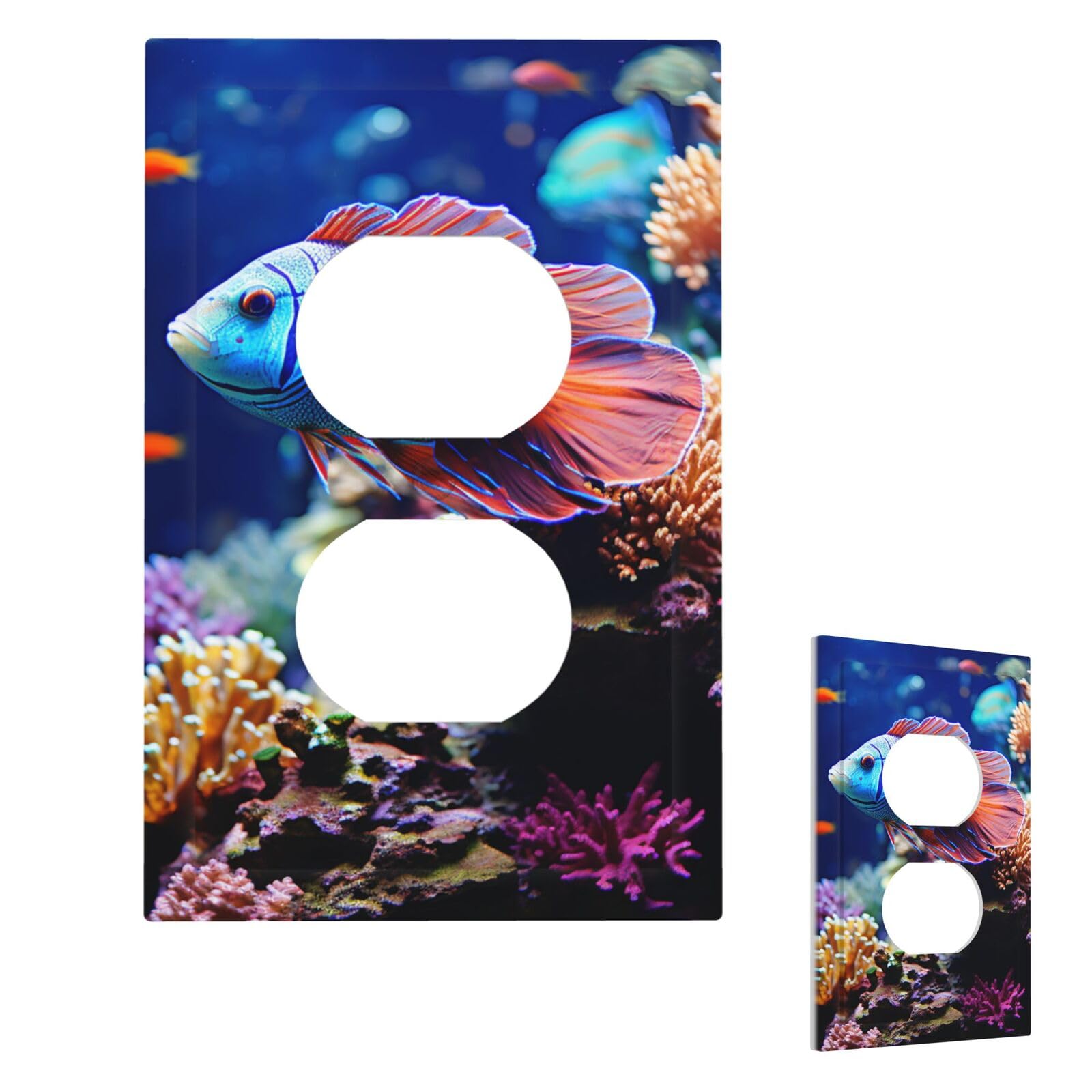 Fekiloot Duplex Coral Reef Fish Aquarium Wall Plate Cover Modern Decorative 1 Gang Light Switch Cover Unbreakable Receptacle Outlet Covers For Living Room Bedroom Home Decor