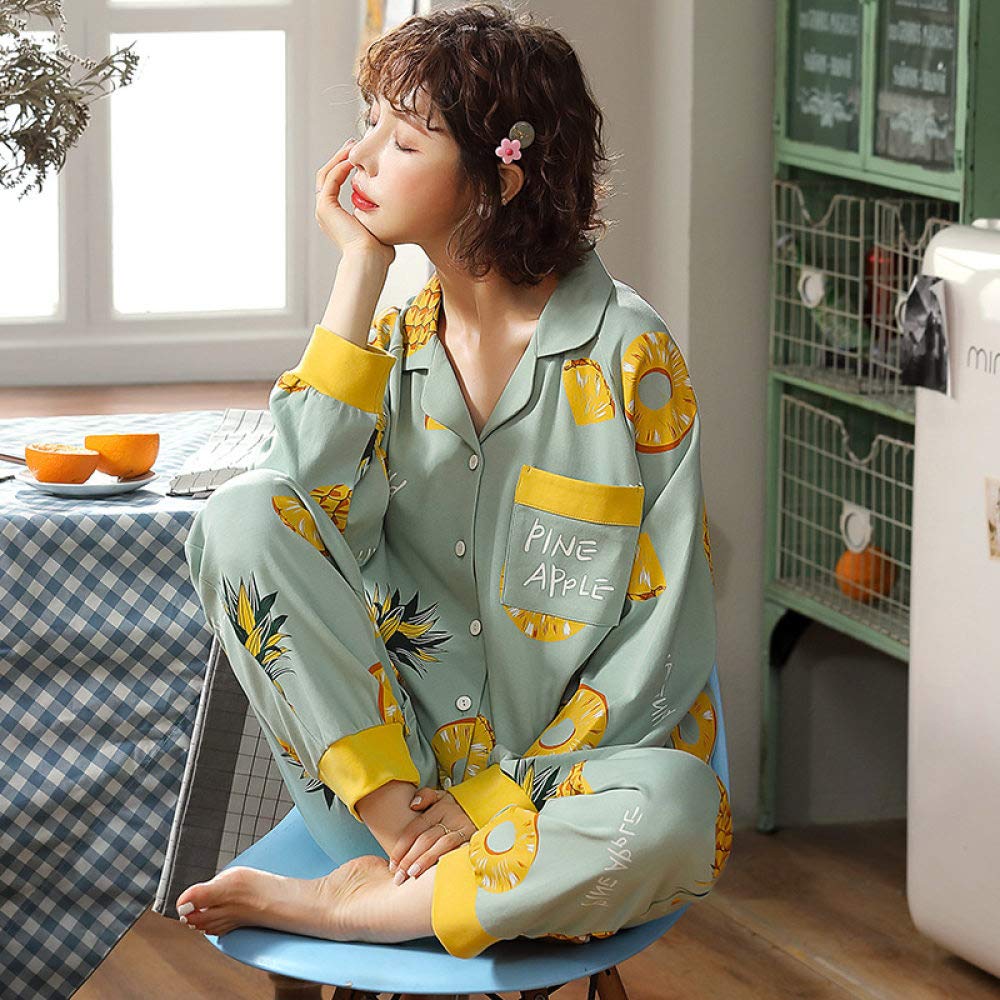 YUHOOE Conjunto De Pijamas De Mujer,Conjunto De Pijama De Manga Larga Algodón Estampado De Piña Lindo Botones Ropa De Dormir Tops & Bottom Pjs Set Nightwear Loungewear For All Seasons, Verde, M