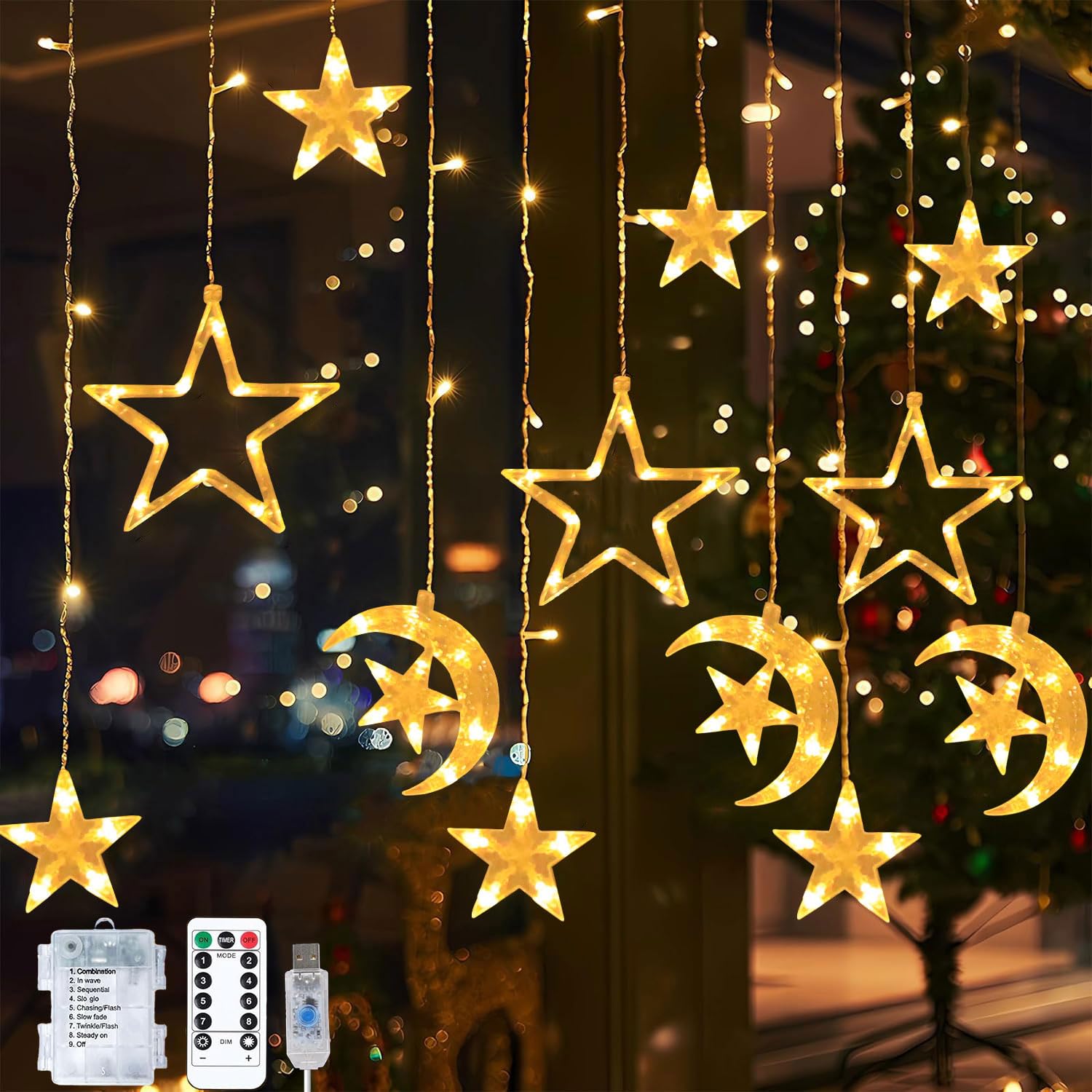 YeahBoom Mond & Sterne Lichterkette Ramadan 138 LEDs – 8 Modi, USB & Batterie, Fernbedienung, Timer 6h – Vorhanglicht Für Innen & Außen