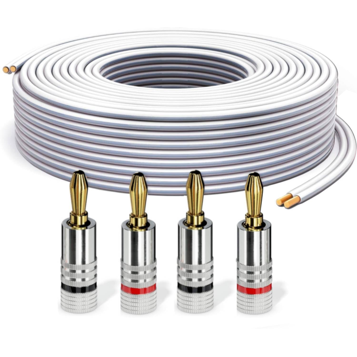 PureLink Câble haut-parleur avec fiches banane, câble audio OFC 2x2,50mm² (0,20mm), 10,0m, 4 fiches, cuivre pur pour enceintes HiFi et caisson de basses, repérage de polarité, blanc