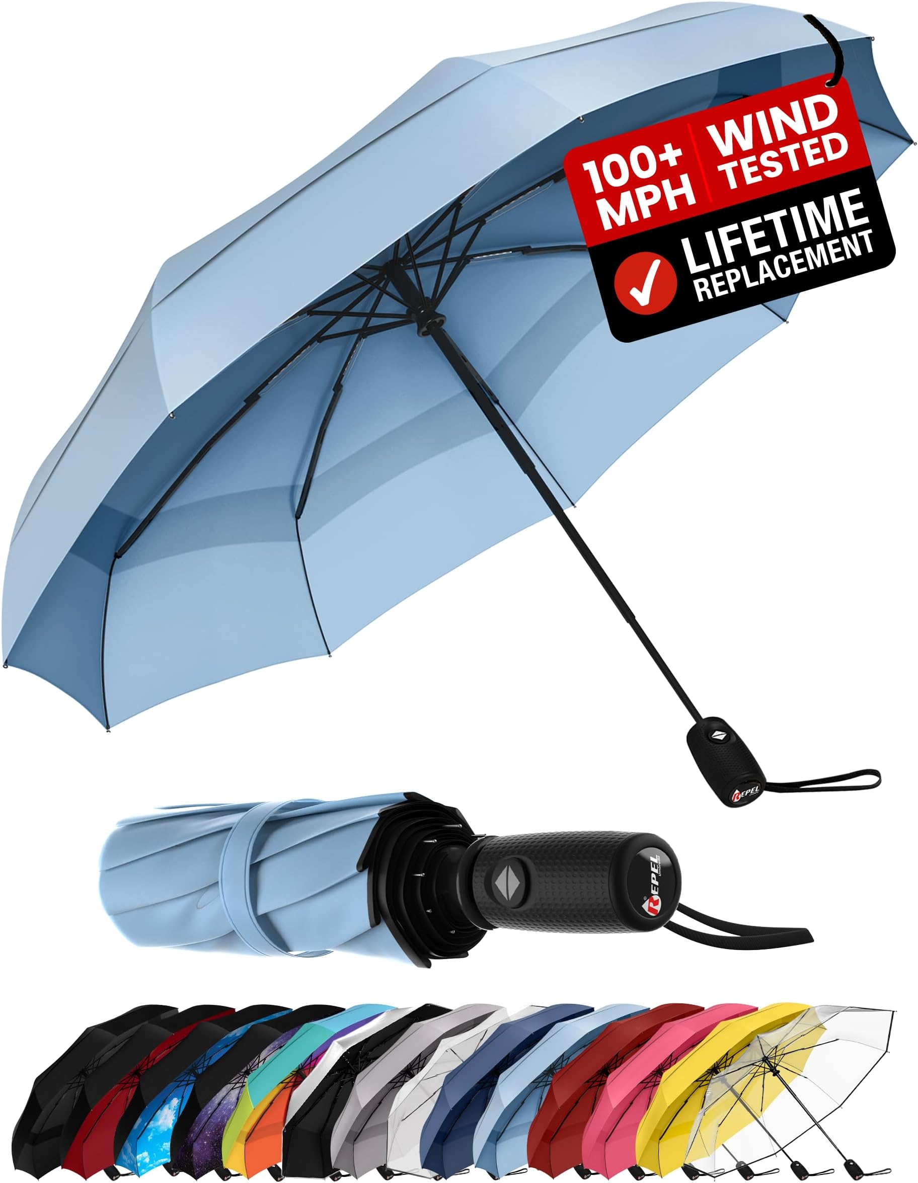 Repel Umbrella Windproof Travel Umbrellas for Rain - Easy Auto Open Close, Durable & Compact Umbrella, Strong Fiberglass Frame, Waterproof Canopy - Backpack, Purse, Portable Umbrella for Travel