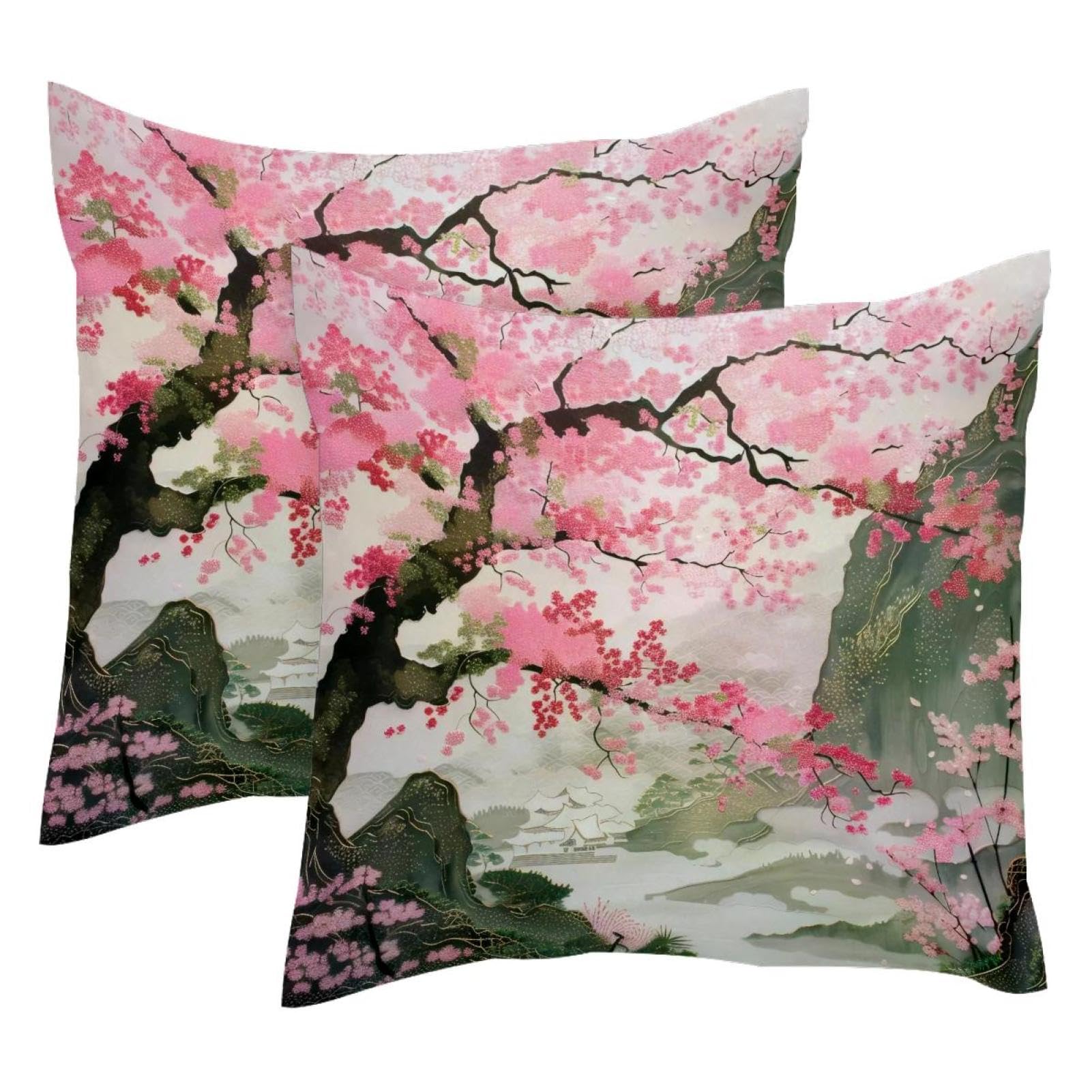 Housse de coussin en velours rose 50x50 cm motif cerisier, lot de 2 pièces décoratives