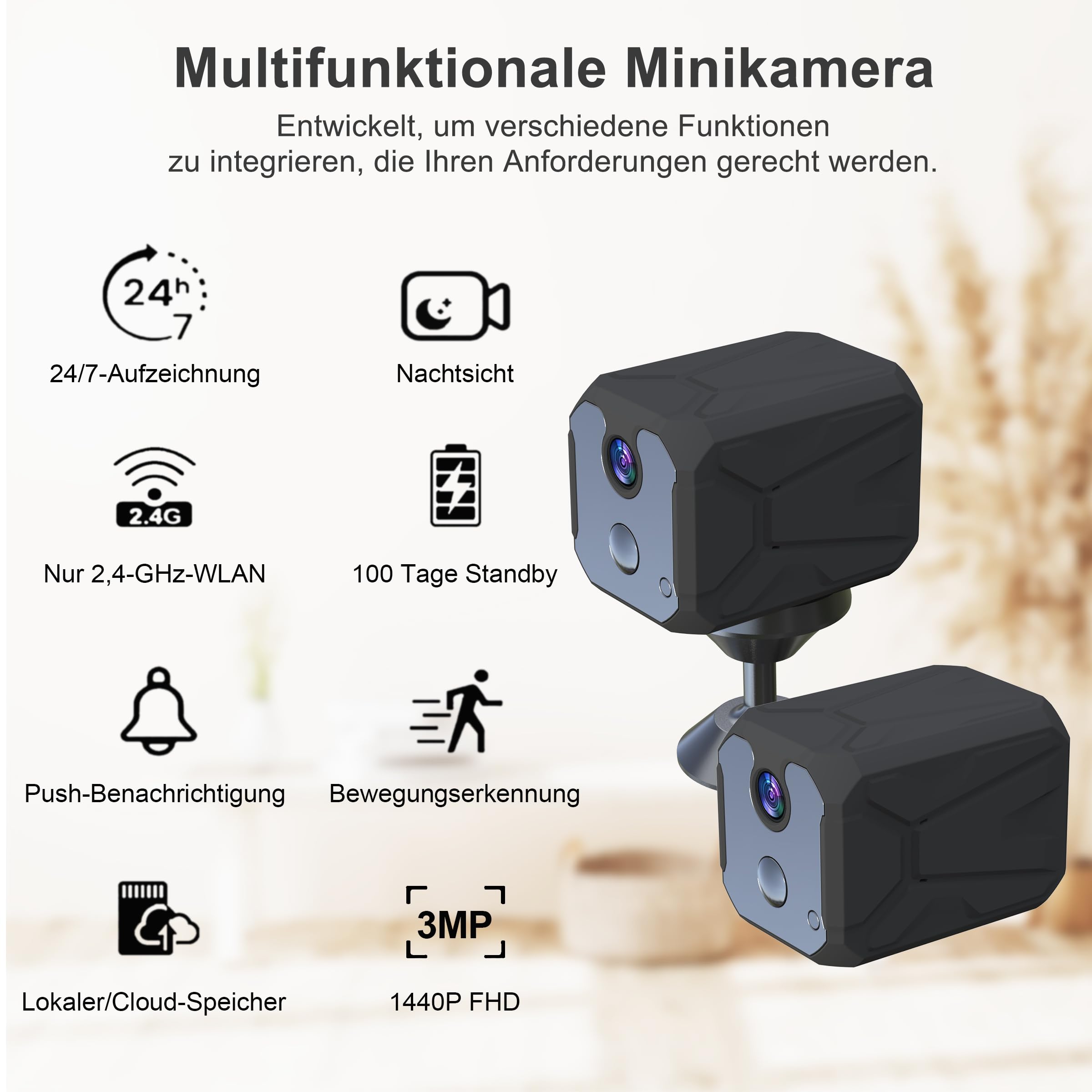Mini Kamera 2.4 GHz WLAN Überwachungskamera Innen Akku mit Nachtsicht | Kameraüberwachung überwachung innen mit Bewegungserkennung Cloud &SD Speicher/Echtzeit-Video Kamera für Zuhause Haustier Baby