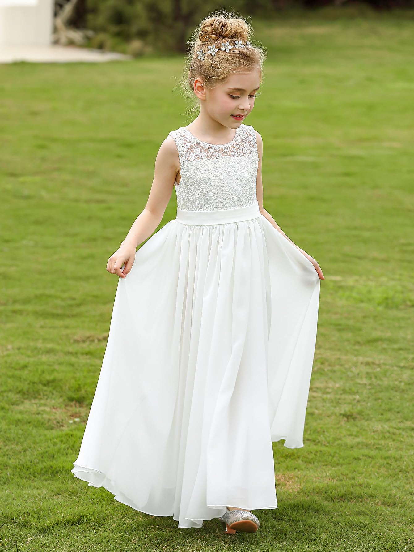 Elegante abito da ragazza di fiori, pizzo e tulle, lunghezza a terra, linea ad A, abiti da festa