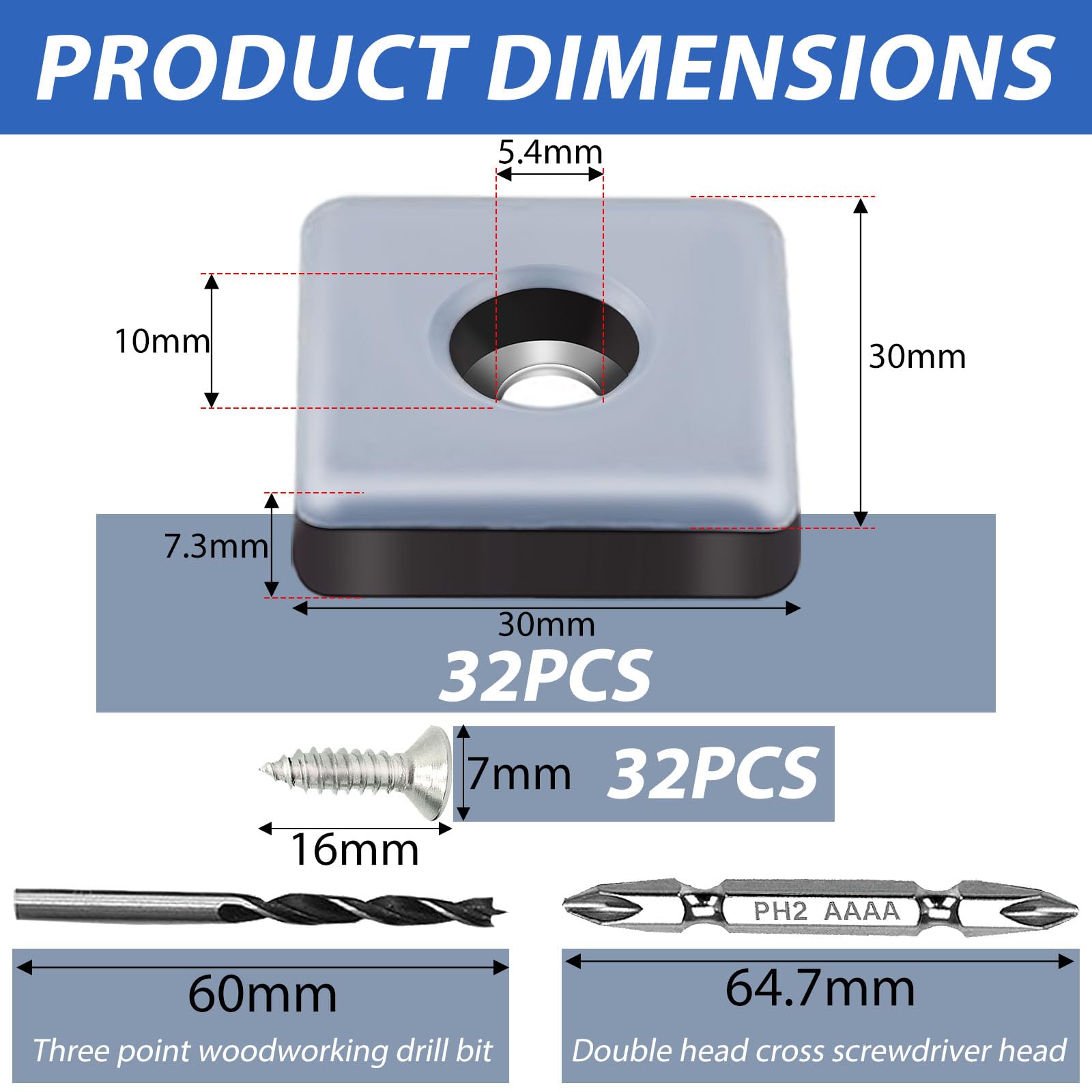 32 Piezas Deslizadores de Teflón para atornillar Ø 30mm Deslizadores para Muebles Cuadrados con 32 Tornillos de Acero Inoxidable PTFE para protección eficaz de Sus Muebles sillas Suelos