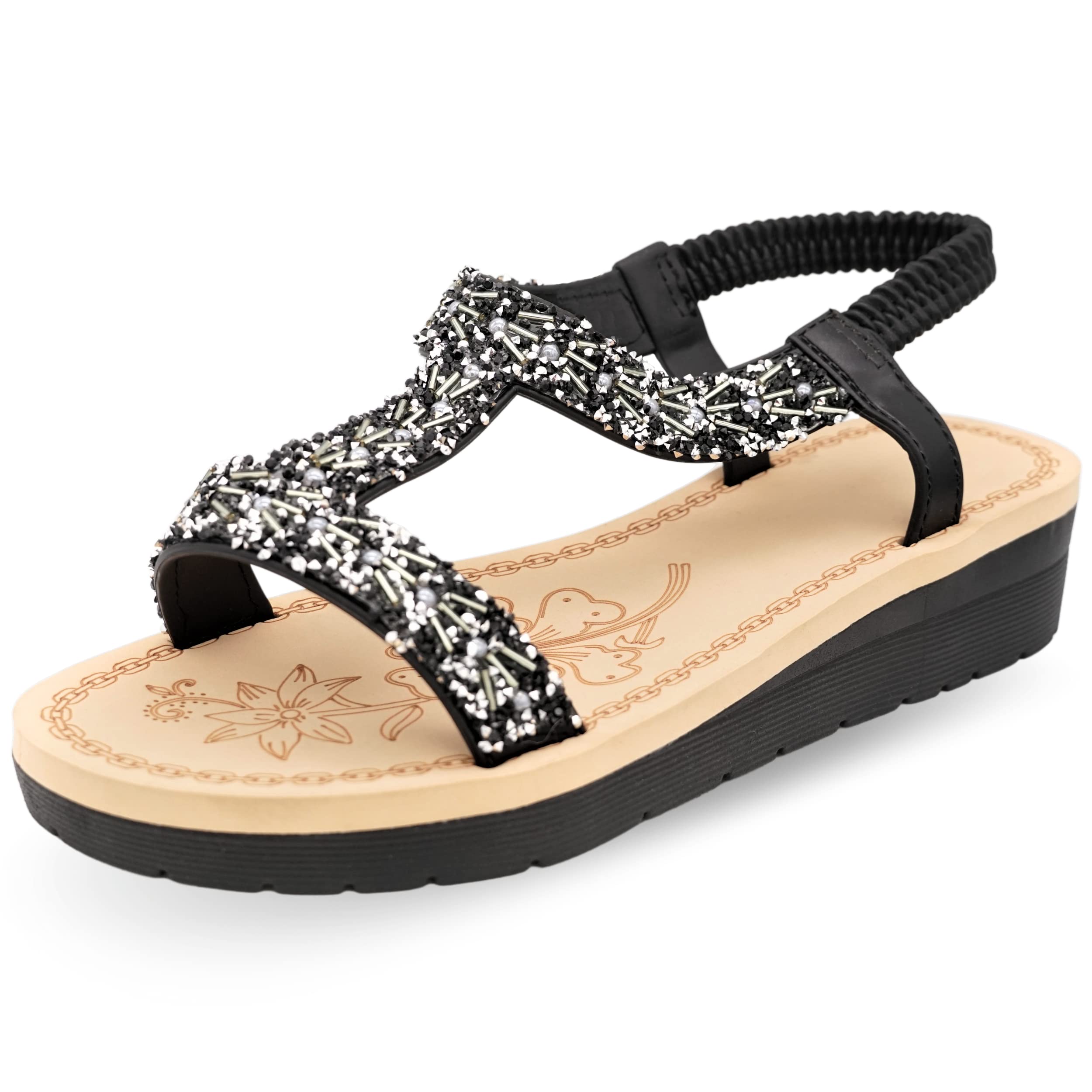 CucuFashion Black Platform Sandals for Women - Comfortable Sparkly Ladies Sandals, Platform Black Sandals, Black Flatform Sandals, Gladiator Sandals for Women - Black UK Size 5