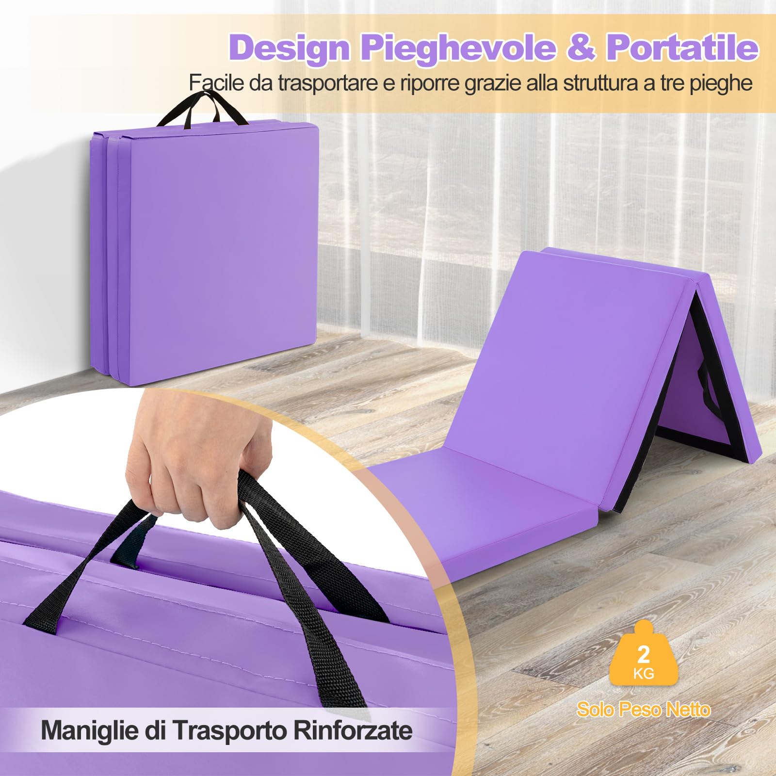 GYMAX Tappetino da Yoga, 180 x 60 x 5 cm, Materassino per Ginnastica 3 Segmenti, Pieghevole e Portatile con Manico