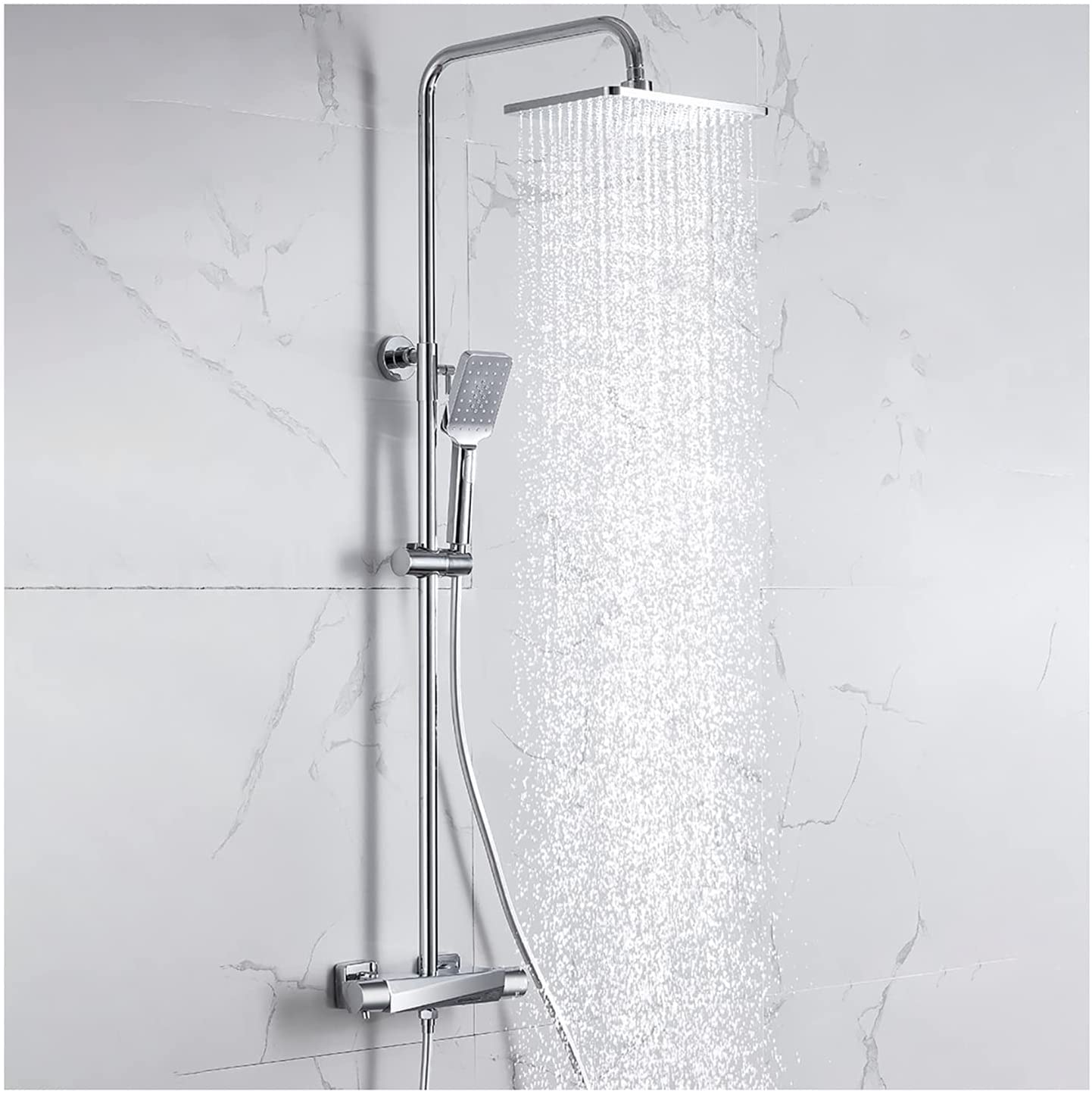 SnamicE Thermostatic Shower System Set with Shower Head Shower Faucet Set Wall Mounted Shower Combo Set Height Adjustable Rainfall Shower Set with Handheld Shower, Tub Spout,Black,Chrome
