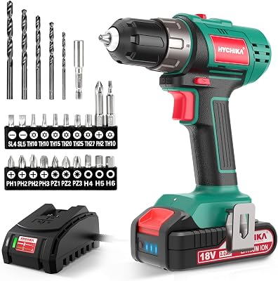 HYCHIKA Cordless Drill Driver 2.0Ah, 26Pcs Combi Drill Accessories, 35Nm Max with 21+1 Torque Fast Charger for DIY Home Garden Projects