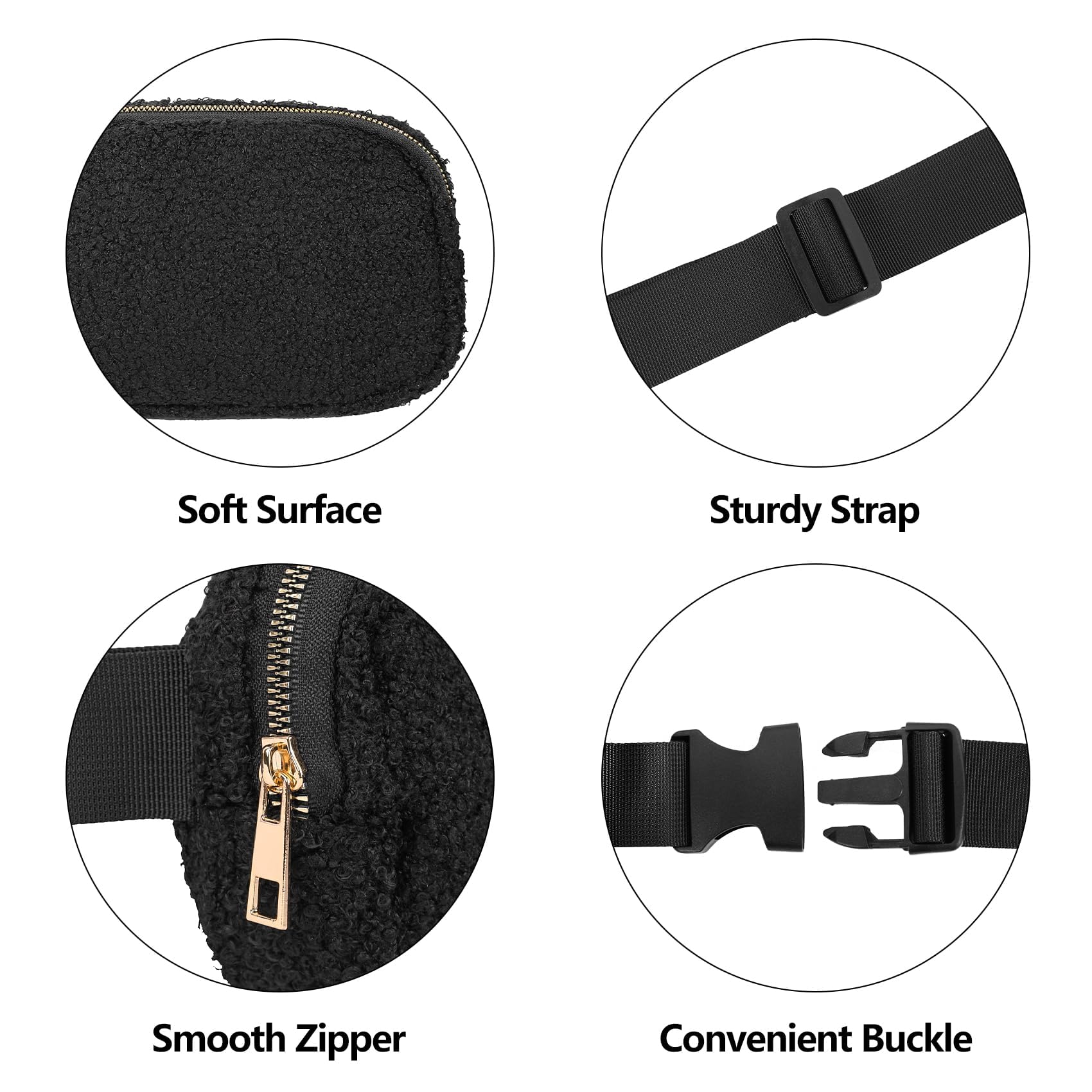 VKIOIP Riñonera unisex con correa ajustable, manos libres, con cremallera, para mujer y hombre, para senderismo, correr, regalos deportivos, Negro(Fleece Black), Riñonera de forro polar