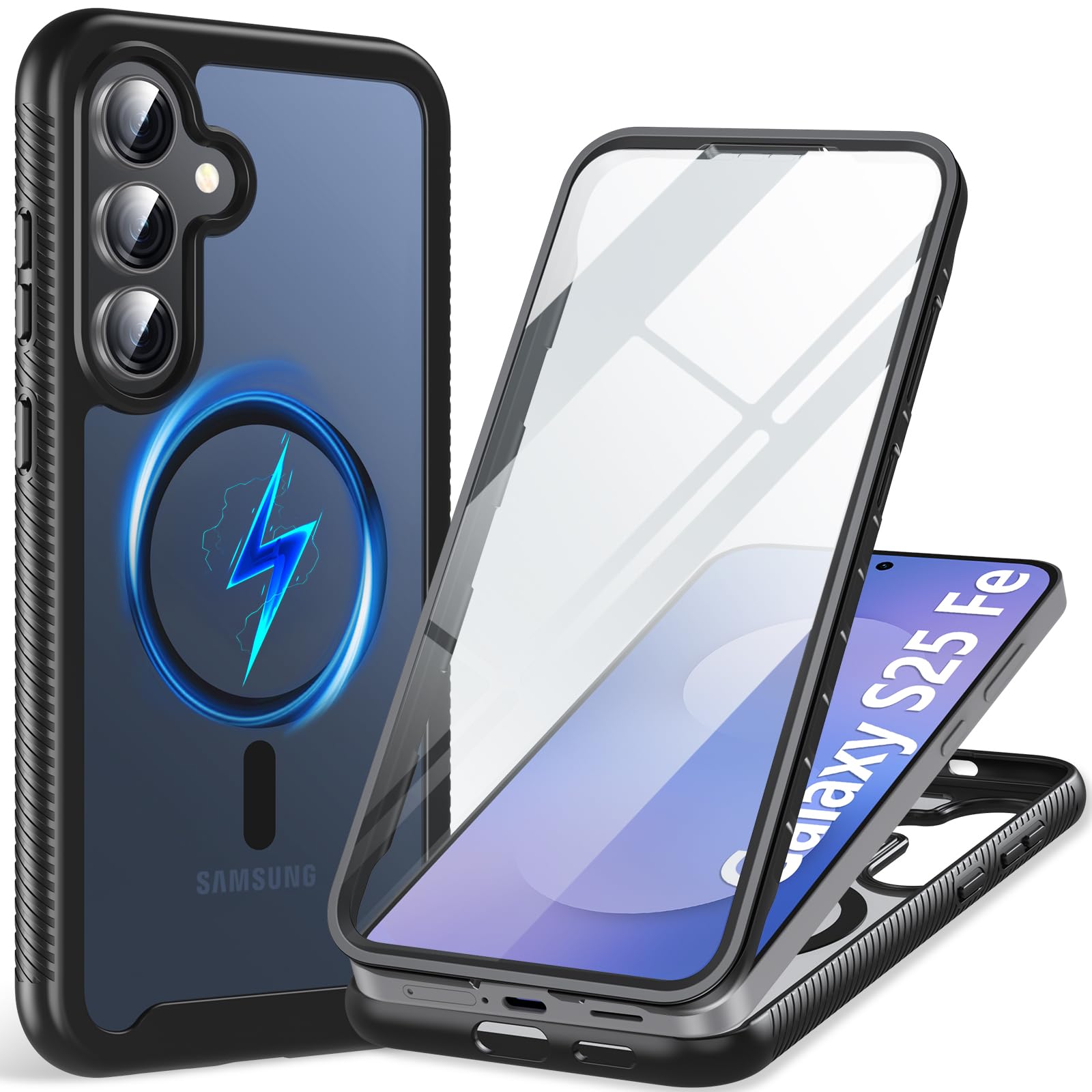 Hensinple for Samsung Galaxy S25 Fe Case with Built-in Screen Protector & Magnetic,Full Body Military Grade Rugged Galaxy S25 Fe Case Dual Layer Shockproof Matte Anti-Slip S25 Fe Phone Case,Black
