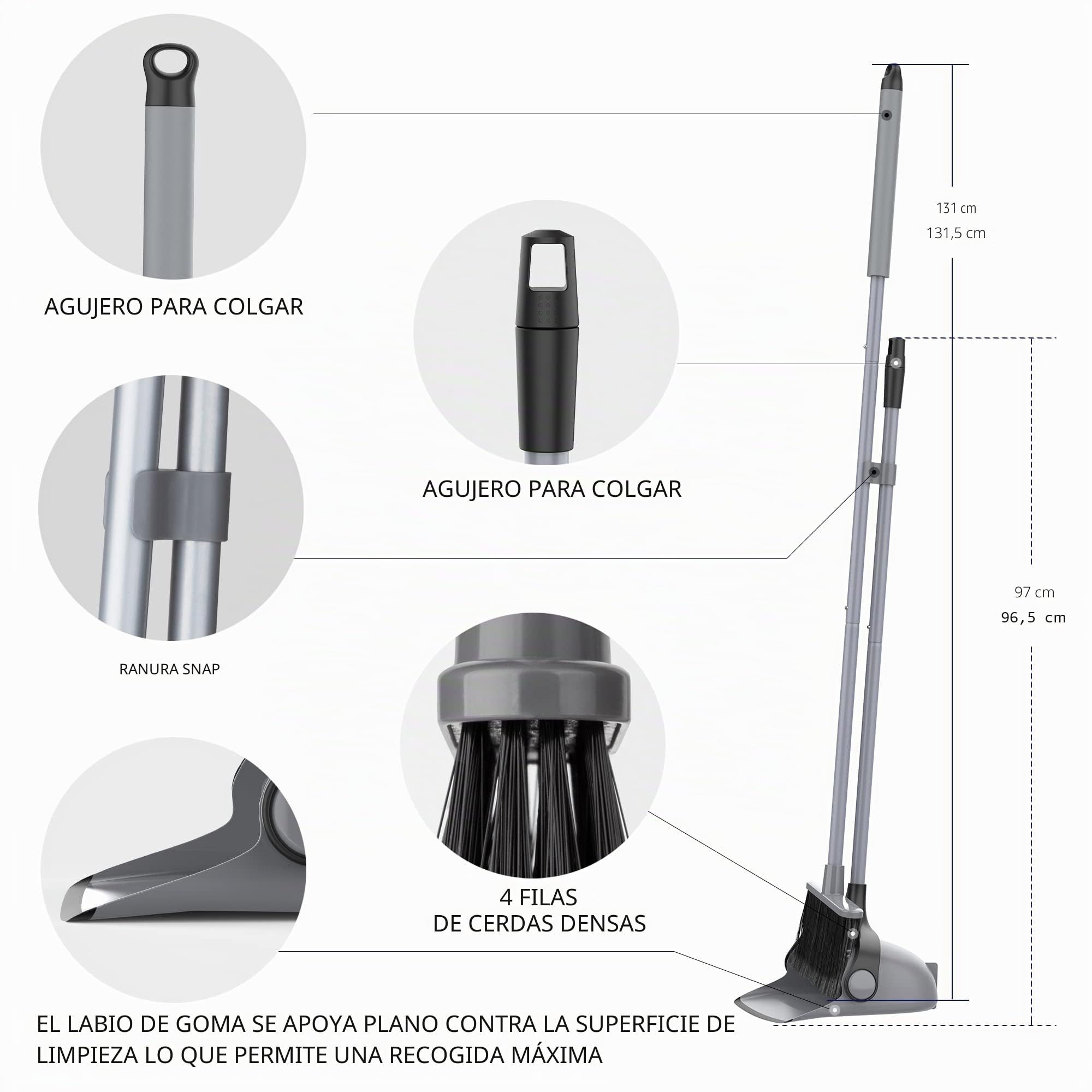 MR.SIGA Juego de Escoba y recogedor de Mango Largo, Combo de barredora Vertical y recogedor para Limpieza de Pisos, Gris