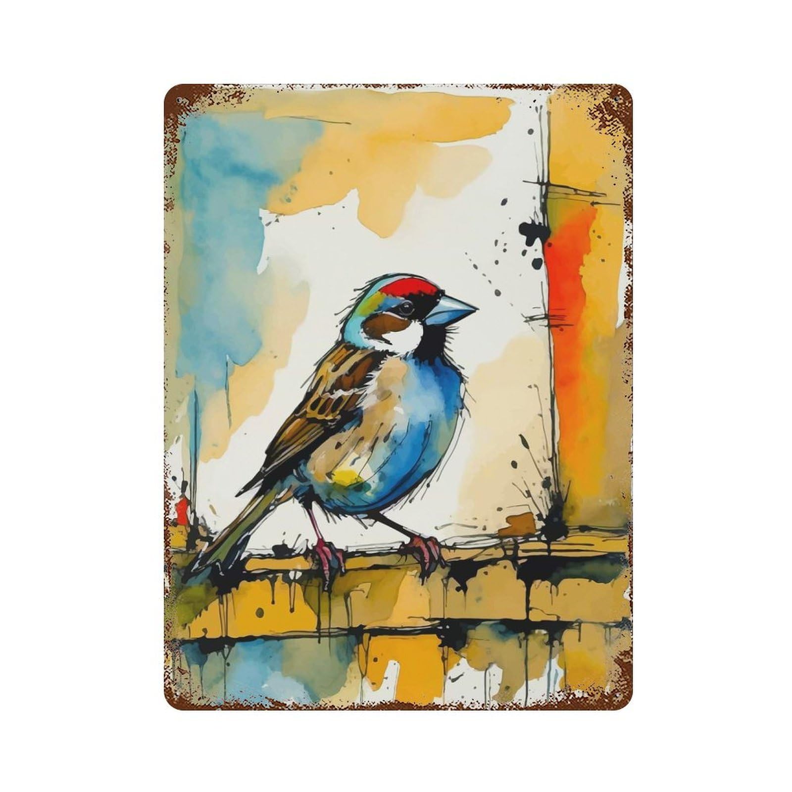 House Sparrow Watercolor Painting Vintage Metal Tin Sign 15.7"x11.8", Old School Wall Decor for Living Room, Hallway And Home Decor