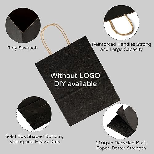 Miniatura 3 de PakTalk Paquete de 50 bolsas de regalo de 8 x 4.25 x 10.5 pulgadas, bolsas de papel negras medianas con asas para almuerzo, compras, pequeñas